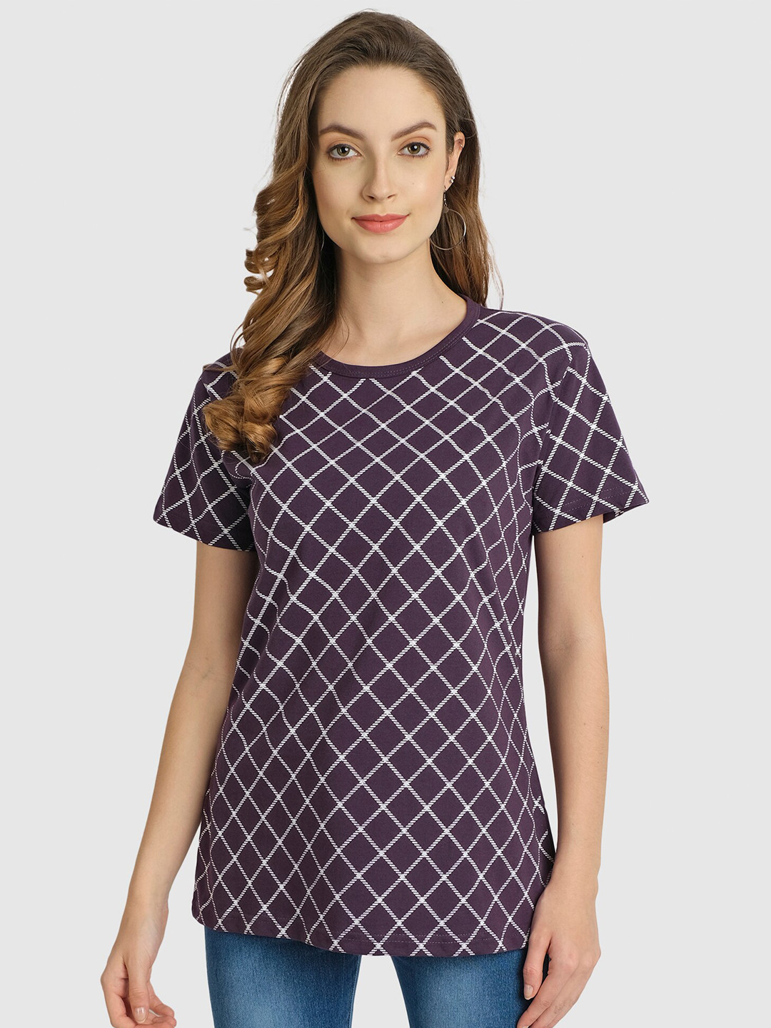 CHOZI Women Purple Checked Round Neck T-shirt