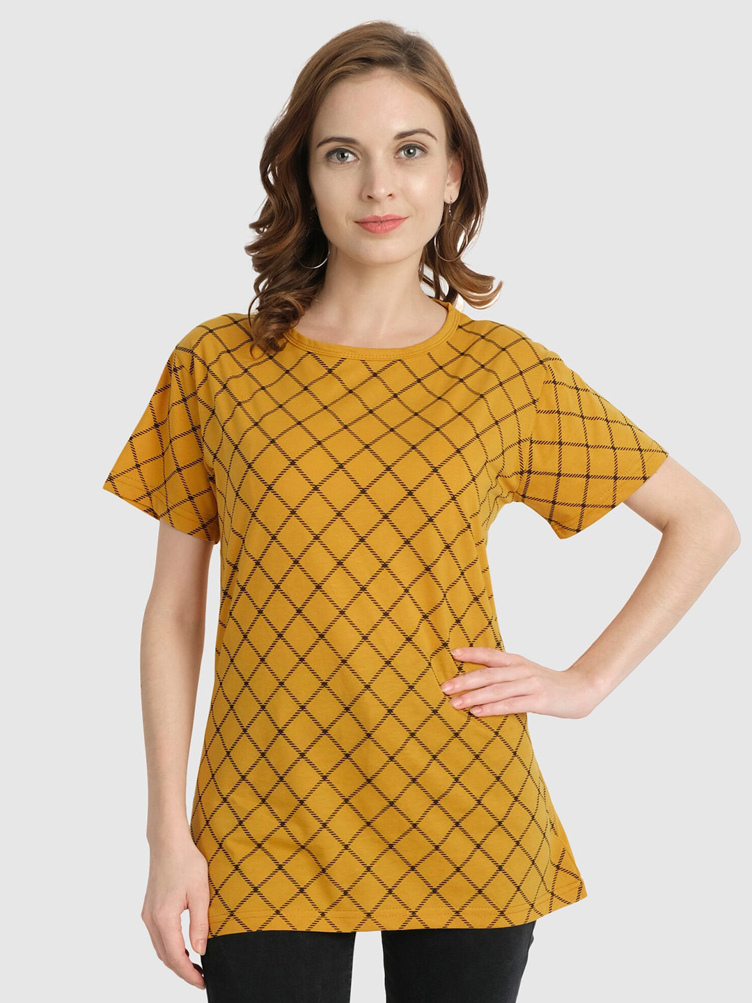 CHOZI Women Mustard Yellow Checked T-shirt
