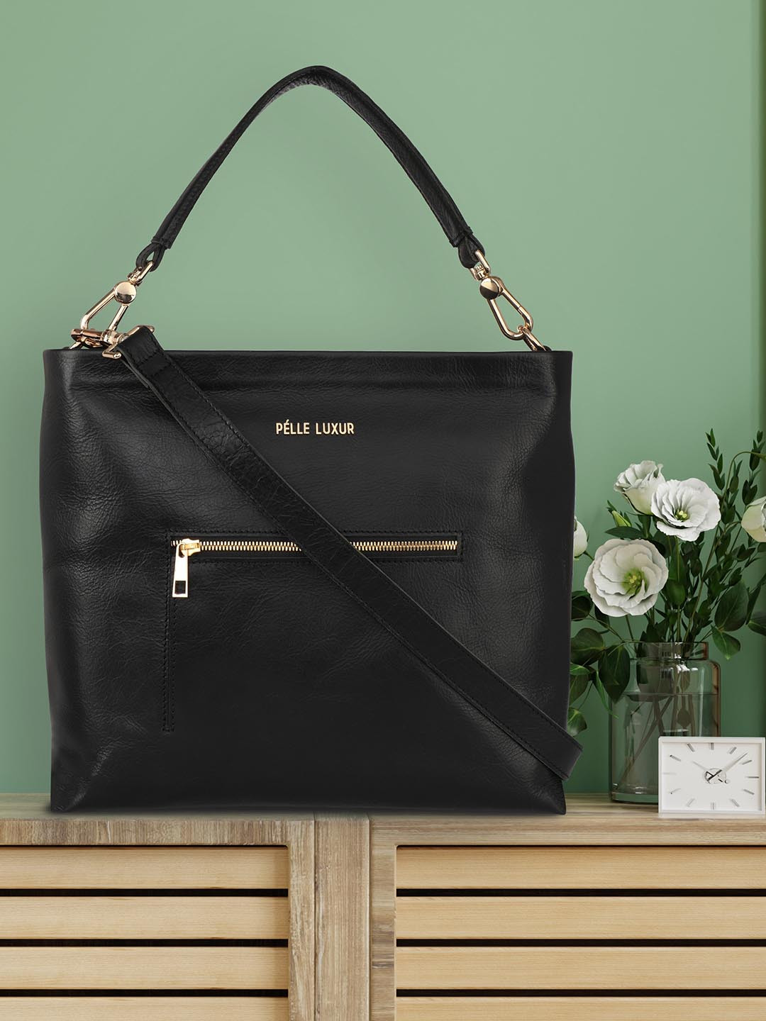 PELLE LUXUR Women Black Leather Structured Tote Bag