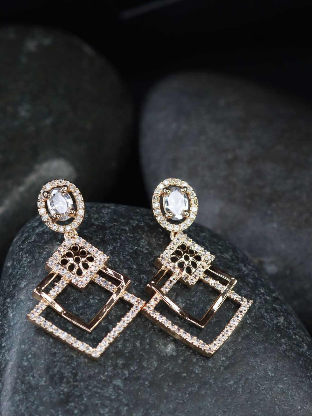 I Jewels White & Rose Gold Square Drop Earrings