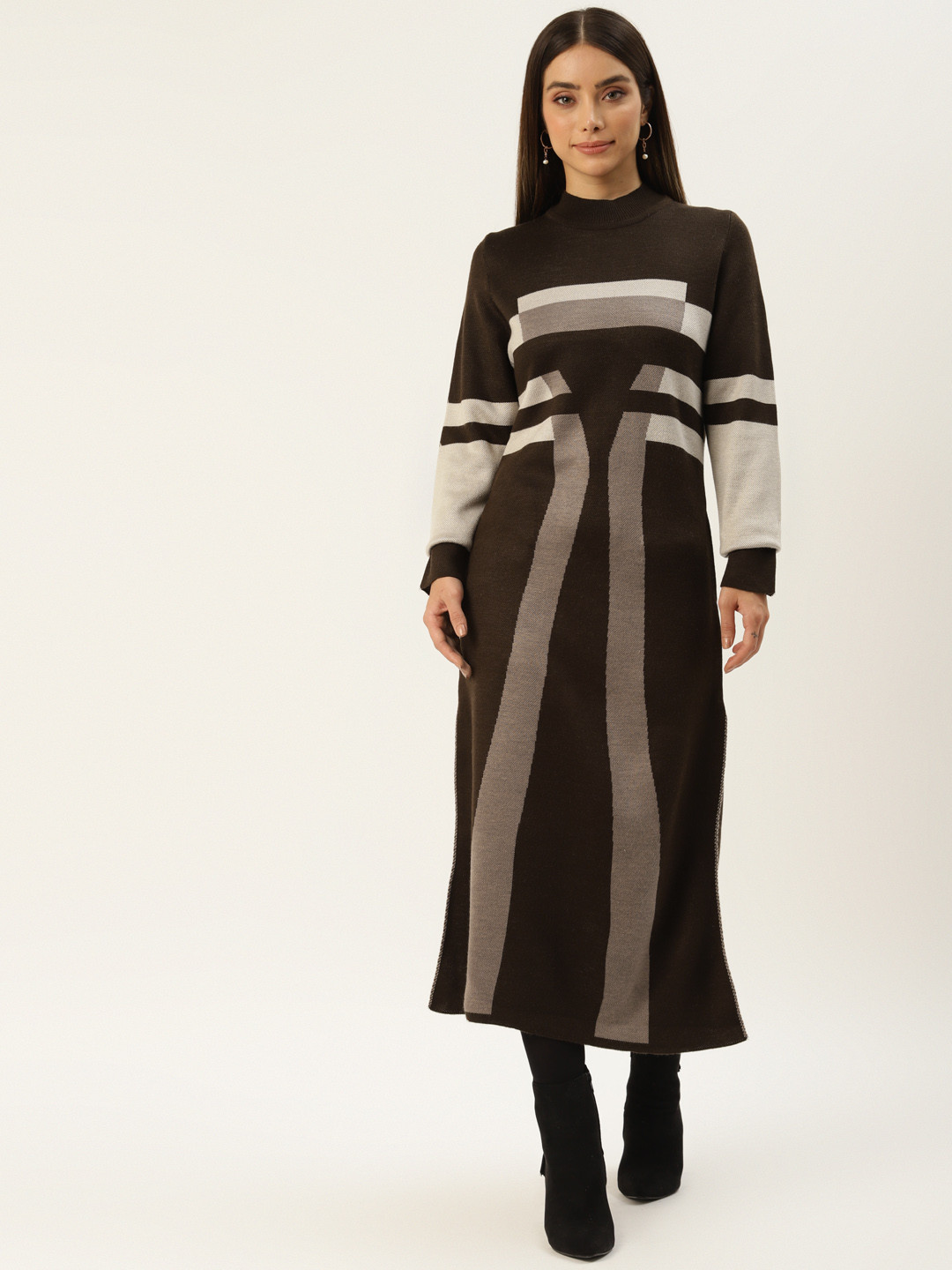 APSLEY Coffee Brown & Beige Striped Winter Midi Jumper Dress