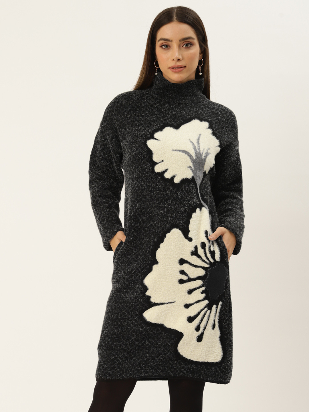 APSLEY Black & Off White Floral Design Bodycon Woolen Dress
