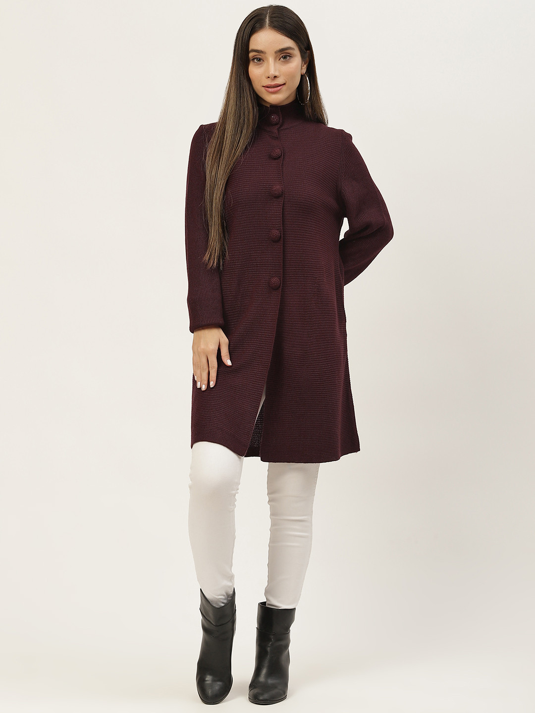 APSLEY Women Maroon Solid Overcoat