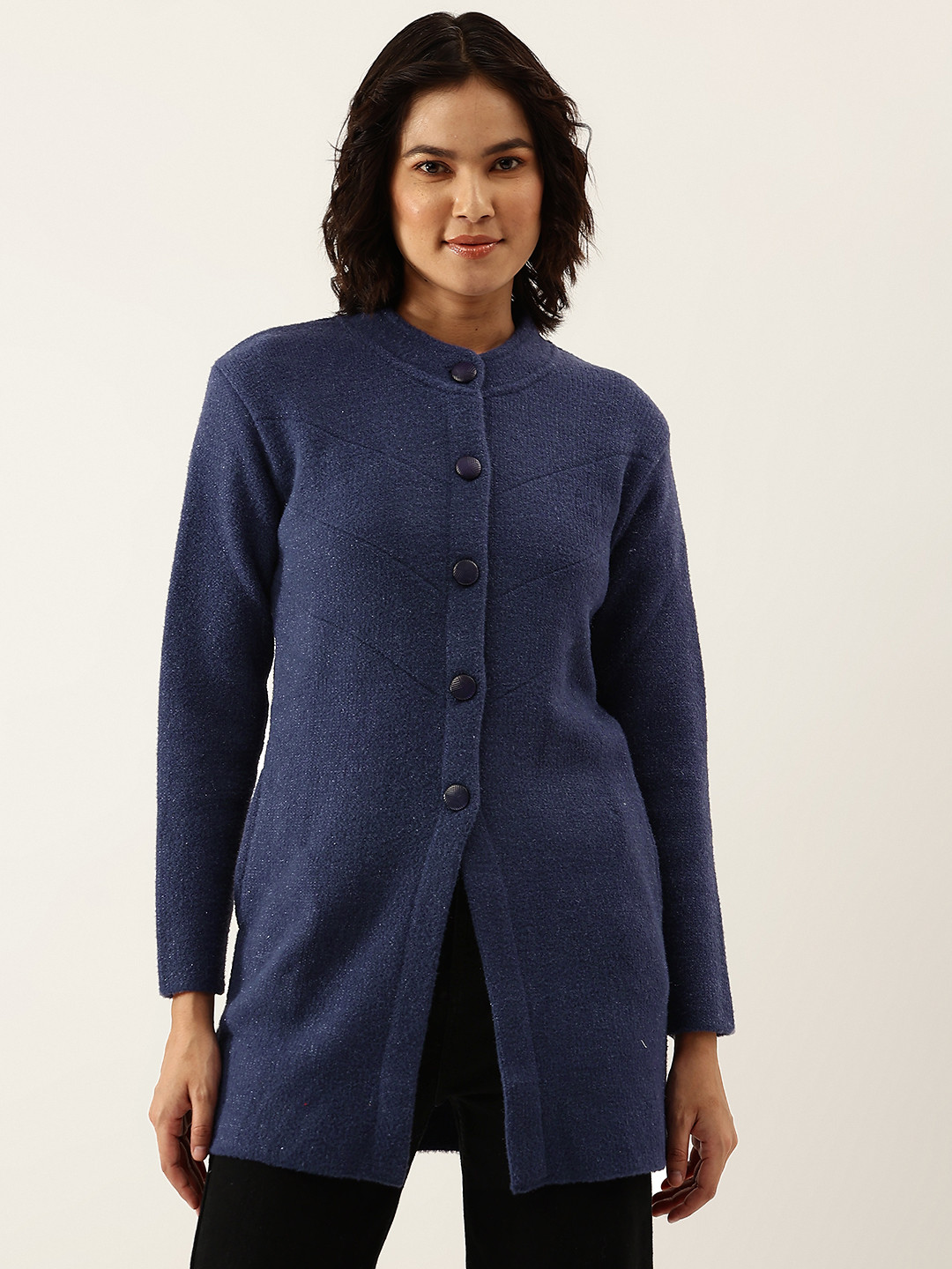 BROOWL Women Blue Woollen Longline Cardigan