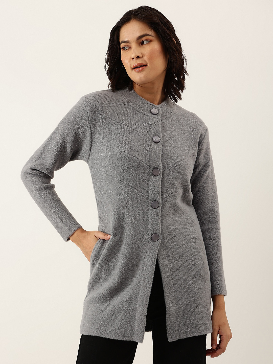 BROOWL Women Grey Woollen  Longline Cardigan