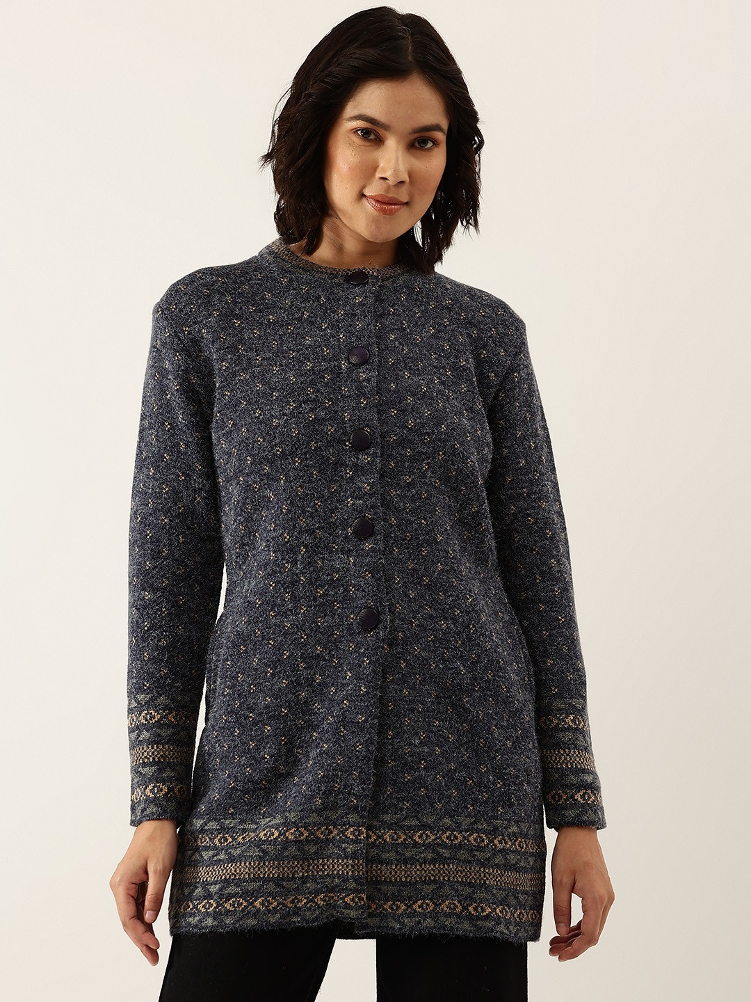 BROOWL Women Navy Blue Woollen Longline Cardigan