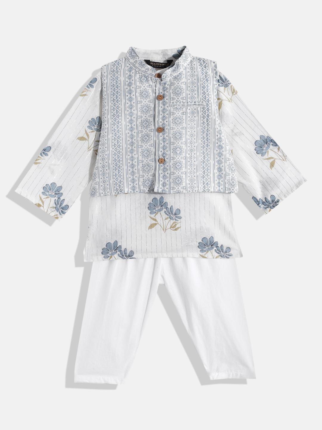 Readiprint Boys White & Blue Floral Cotton Kurta with Pyjamas and Nehru Jacket