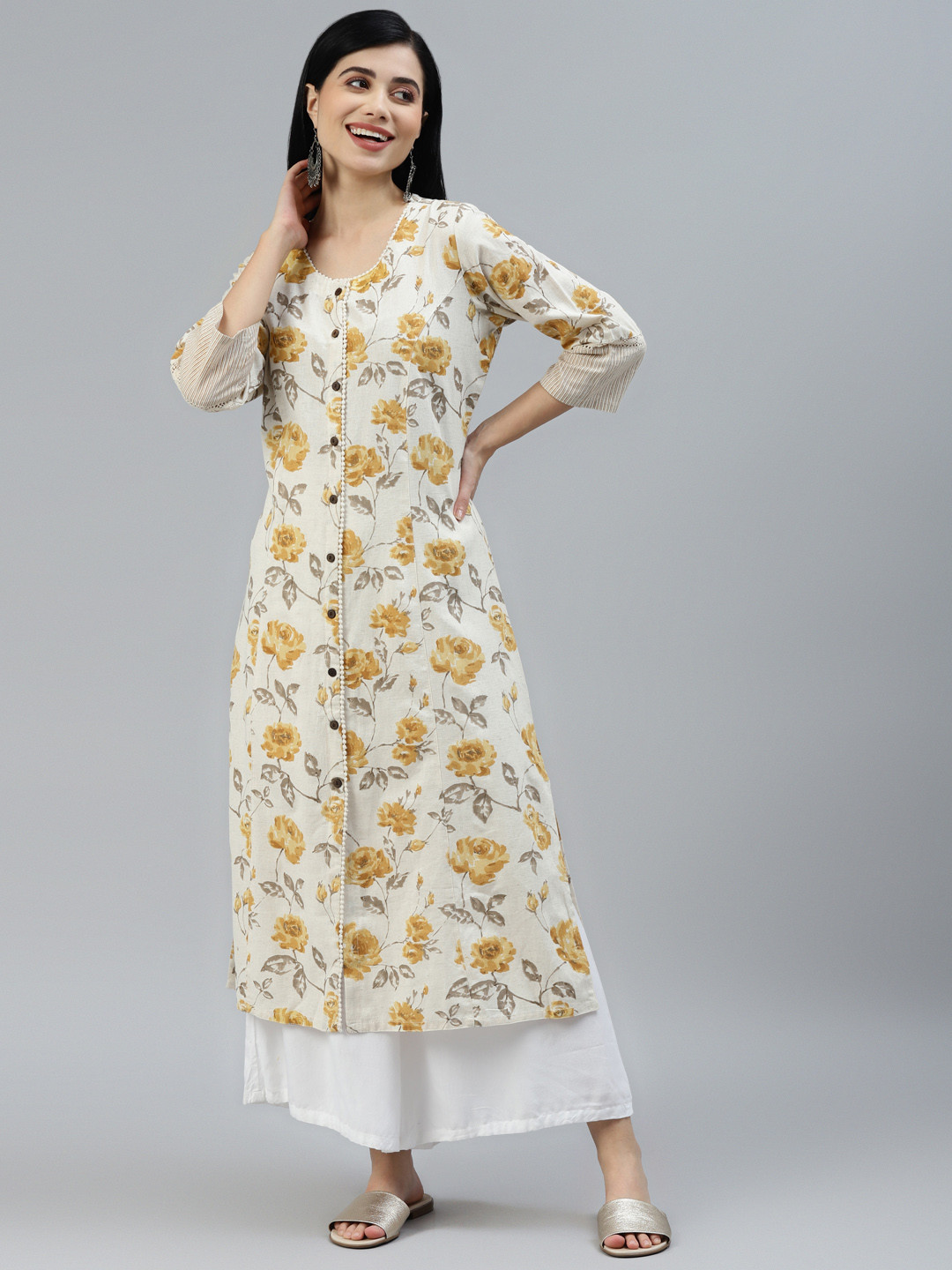 Divena Women Cream-Coloured & Mustard Yellow Floral Printed Floral Kurta