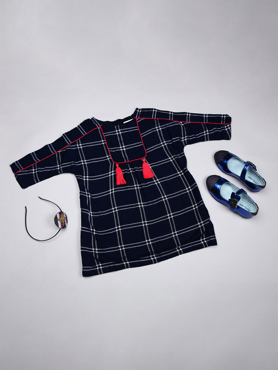 Ka-mee Girls Navy Blue & White Checked A-Line Dress