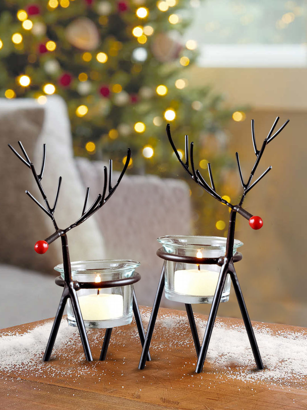 TIED RIBBONS Set of 2 Black Reindeer Tealight Candle Holders