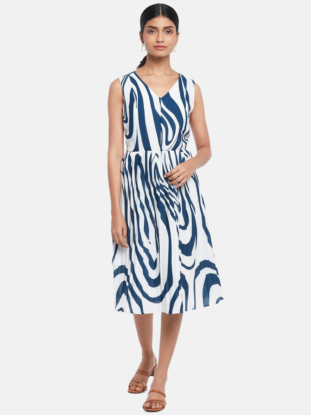 Annabelle by Pantaloons White & Blue Abstract Printed Casual Midi Dress