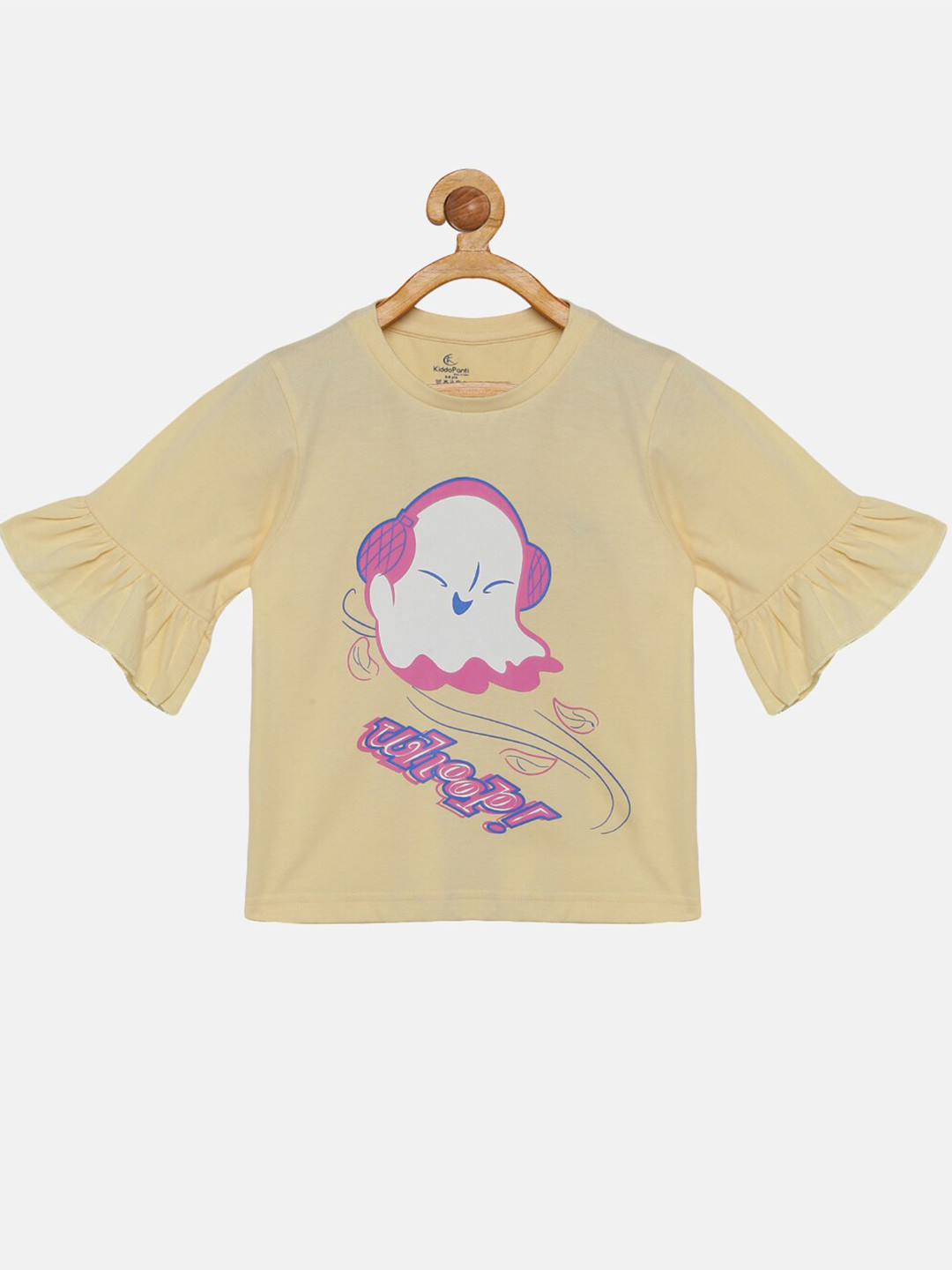 KiddoPanti Girls Cream-Coloured Printed Petal Sleeves T-shirt