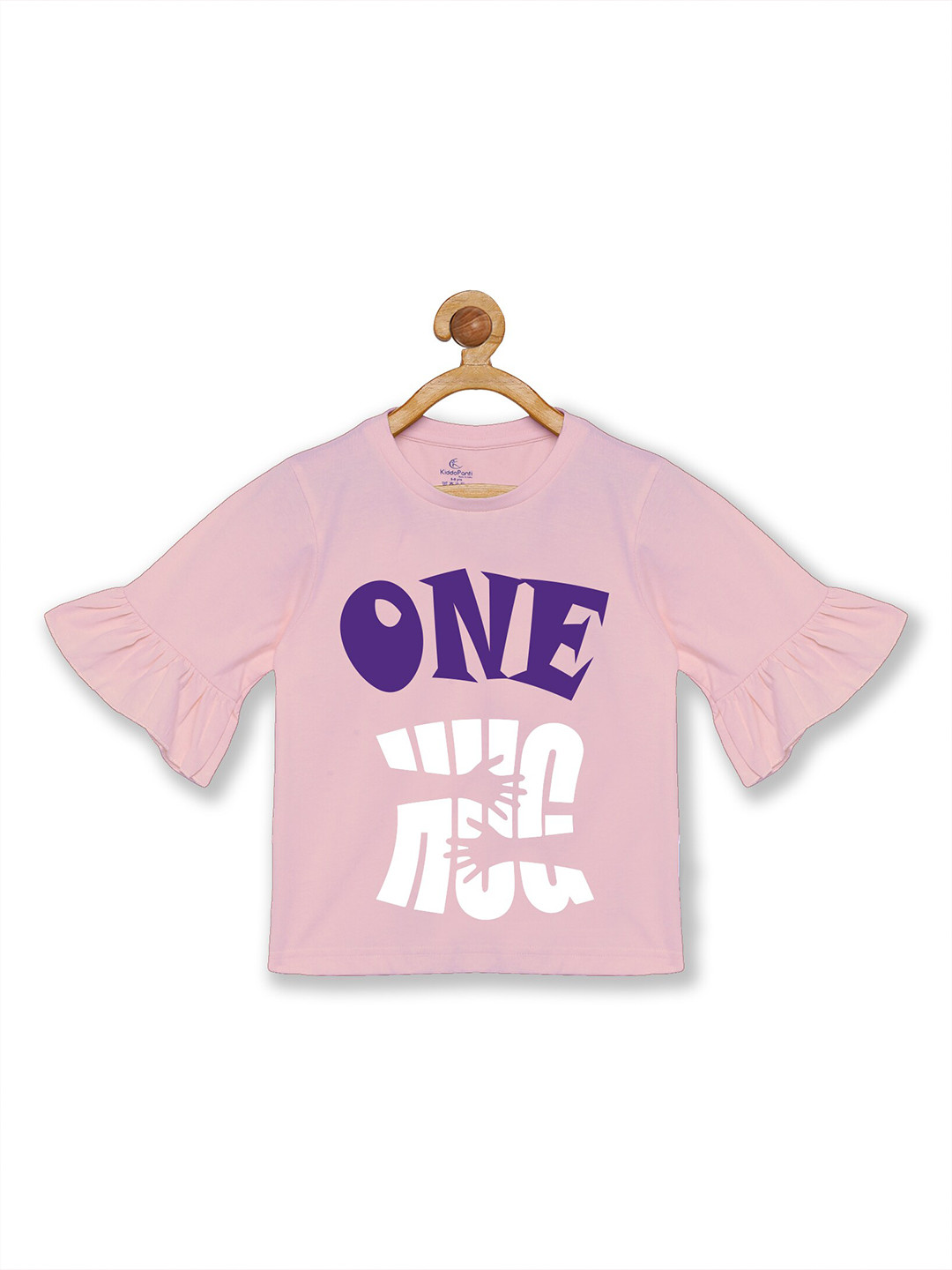 KiddoPanti Girls Pink Typography Printed Petal Sleeves T-shirt