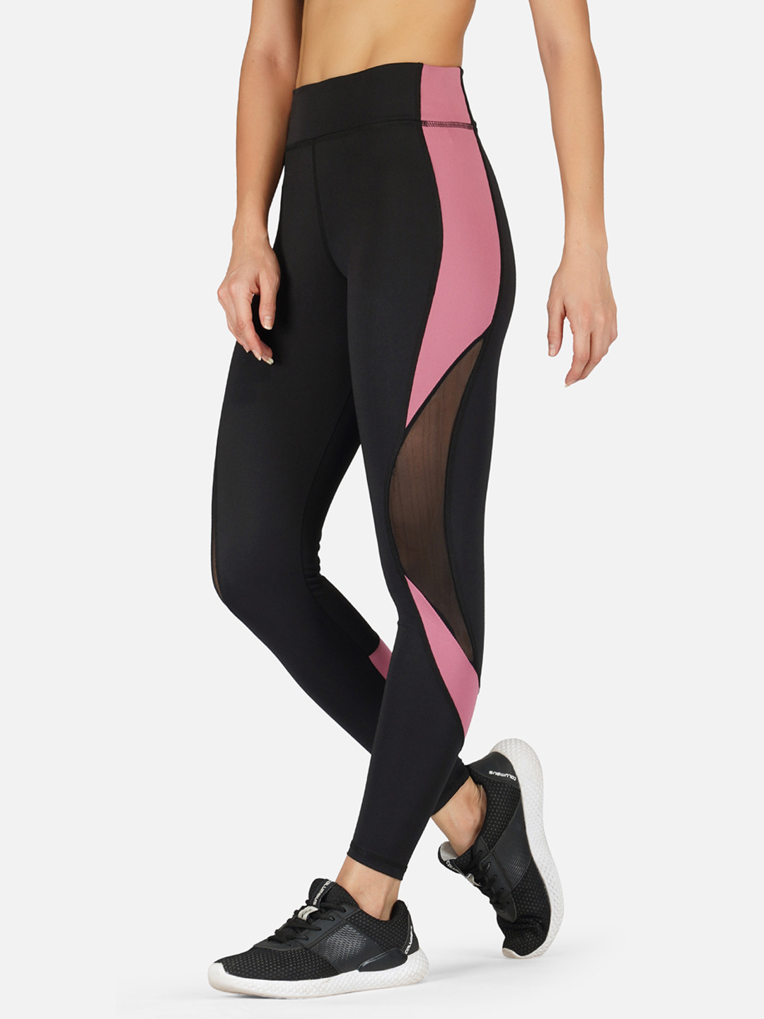 IMPERATIVE Women Black & Pink Colourblocked Slim-Fit Tights