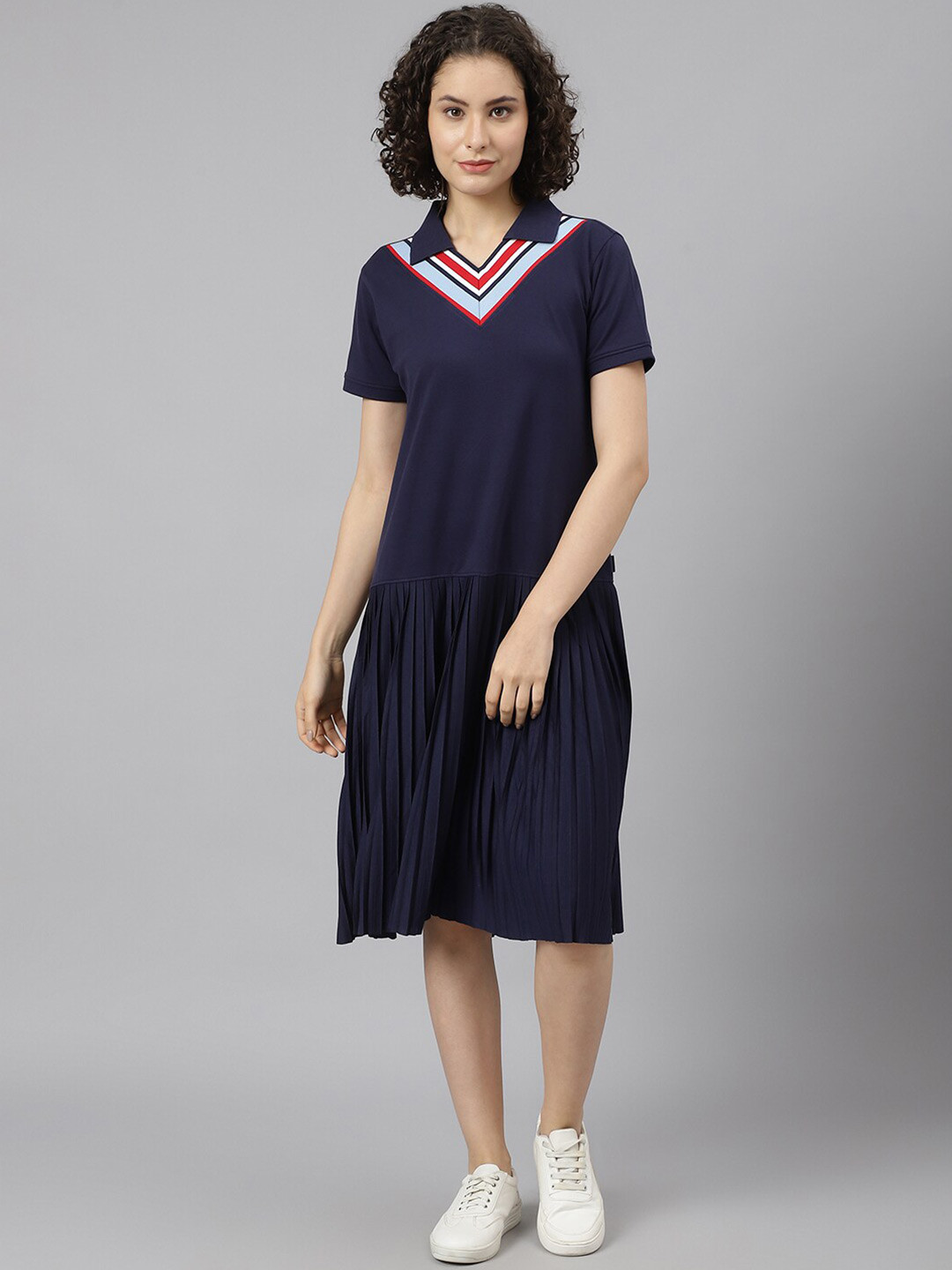 Beverly Hills Polo Club Women Navy Blue Solid Pleated Dress