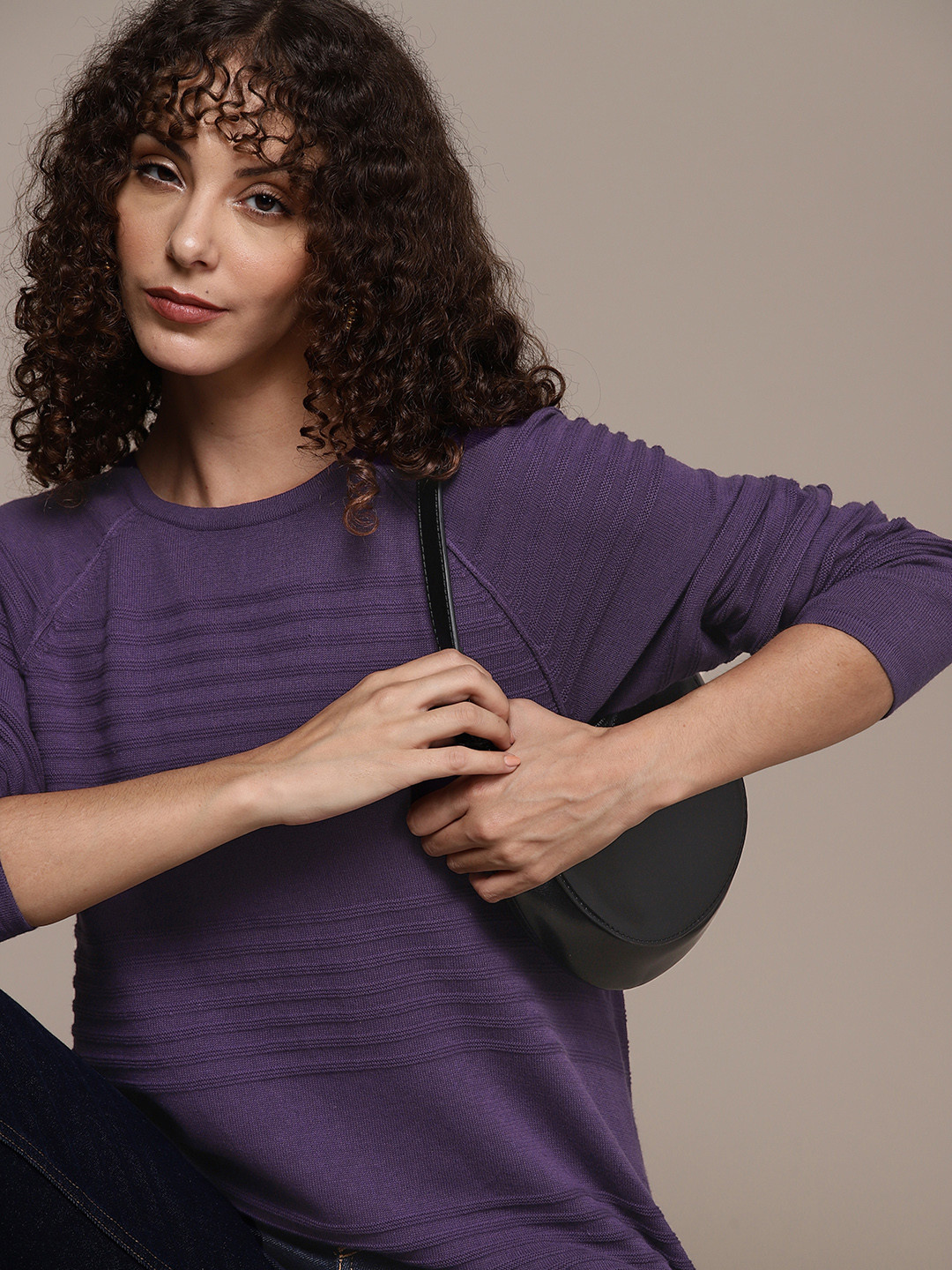 Macy's Karen Scott Women Purple Self Striped Raglan Sleeves Pure Cotton Pullover