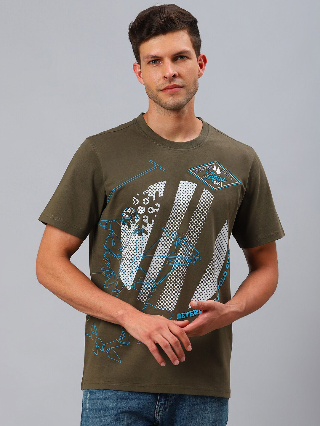 Beverly Hills Polo Club Men Olive Green Printed Cotton T-shirt