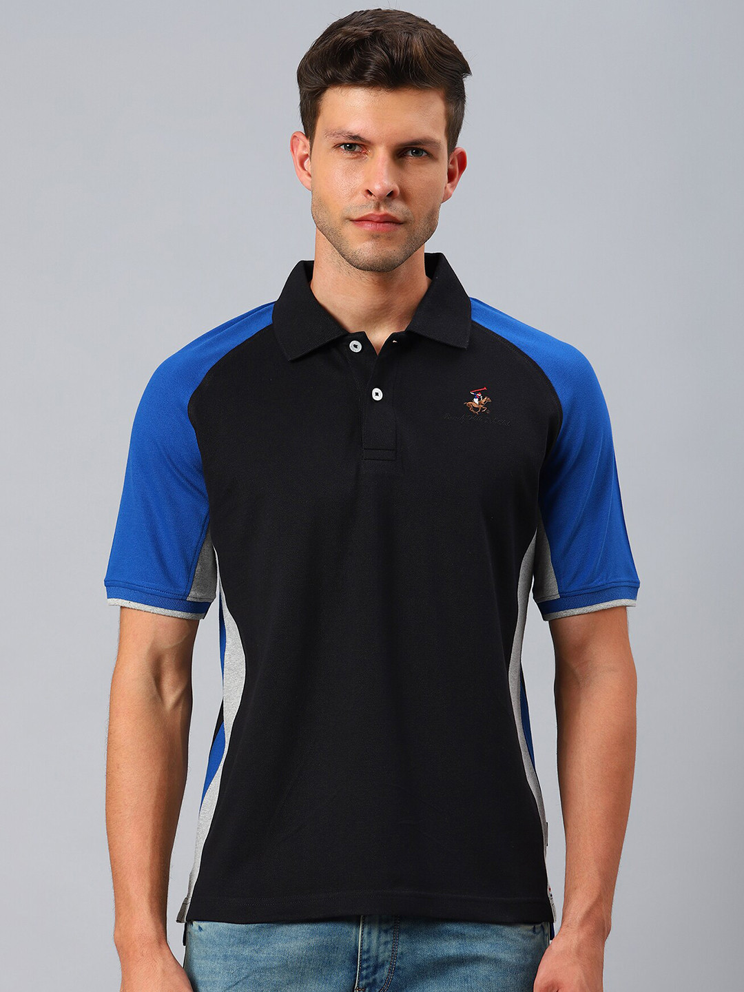 Beverly Hills Polo Club Men Black & Blue Polo Collar T-shirt
