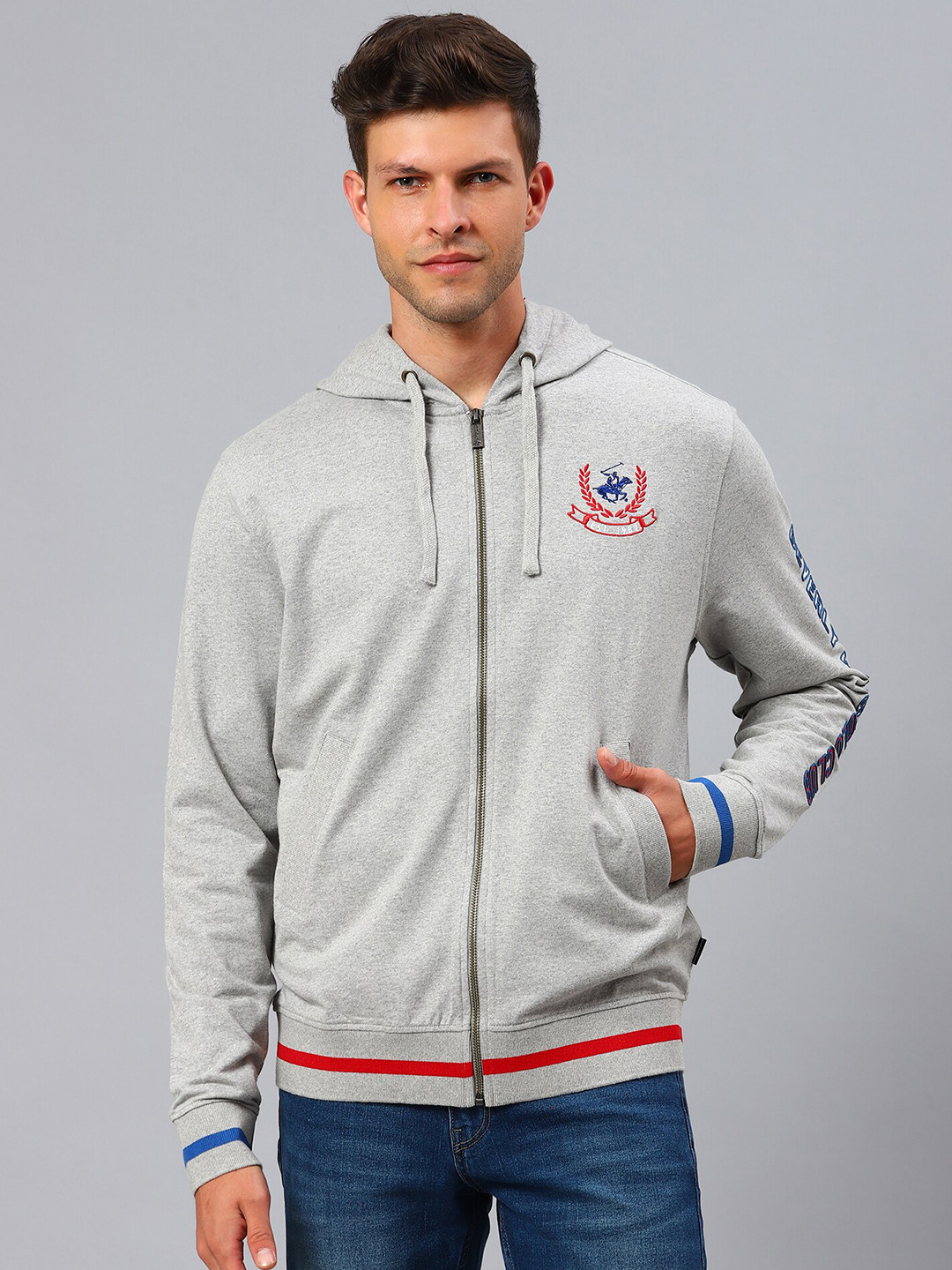 Beverly Hills Polo Club Men Grey Solid Cotton Hooded Sweatshirt