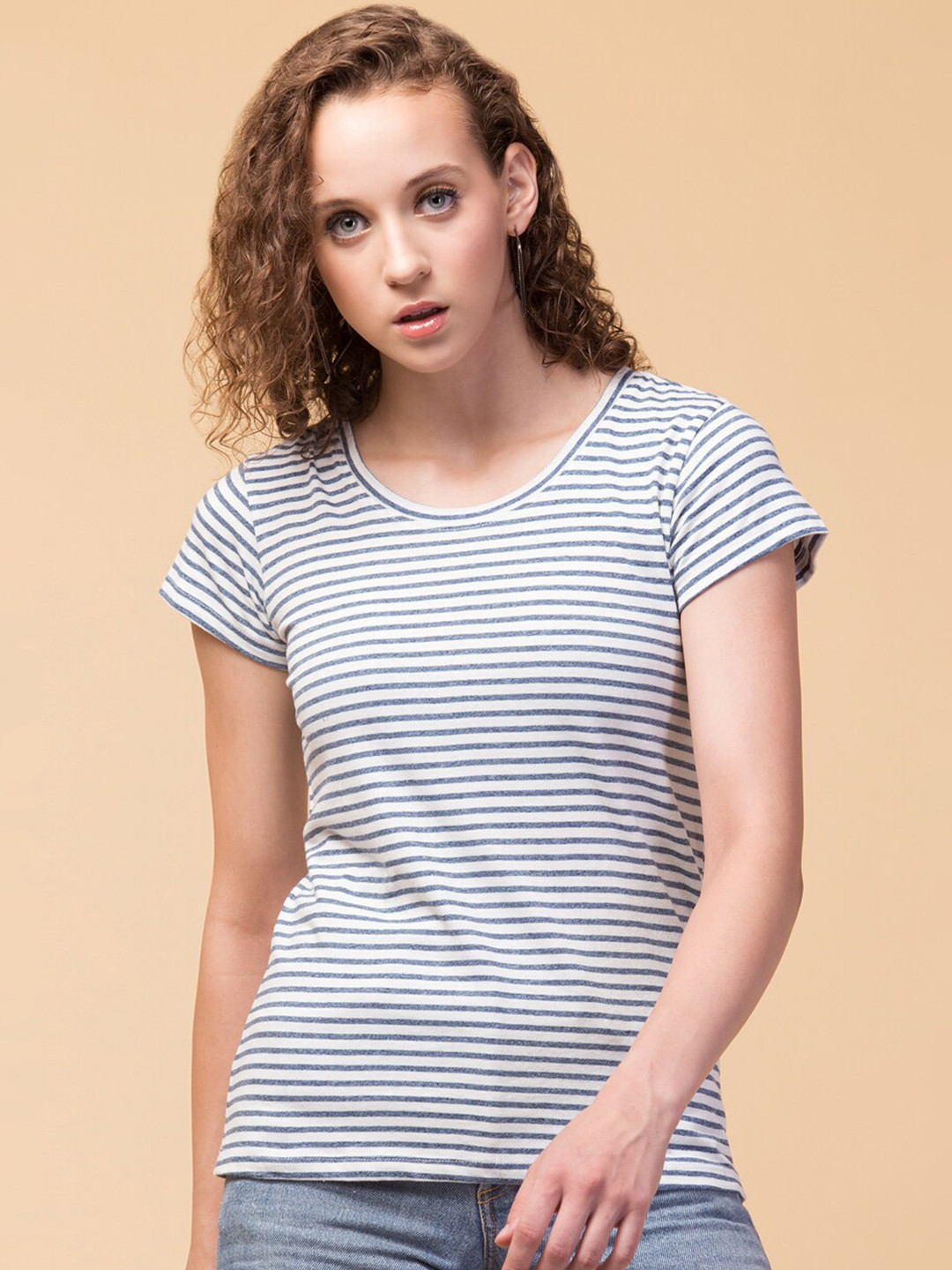 Hive91 Women Blue Striped Half Sleeves T-shirt