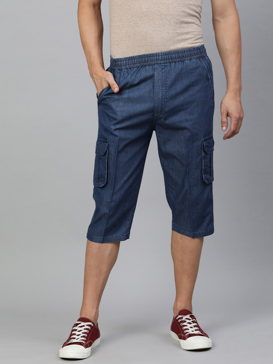 ADBUCKS Men Navy Blue Solid Pure Cotton Denim 3/4th Cargo Shorts