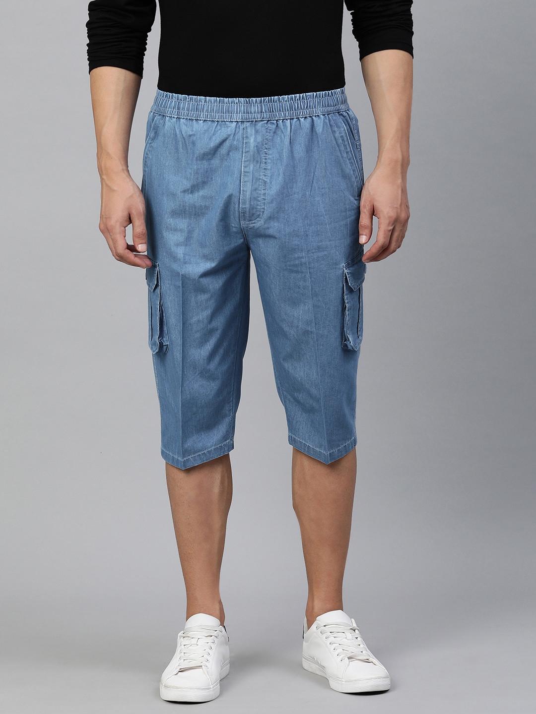 ADBUCKS Men Blue Solid Pure Cotton Denim 3/4th Cargo Shorts