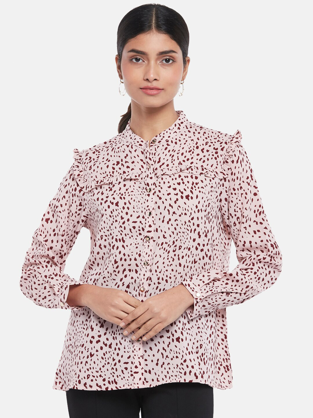 Annabelle by Pantaloons Pink & Black Animal Print Mandarin Collar Shirt Style Top