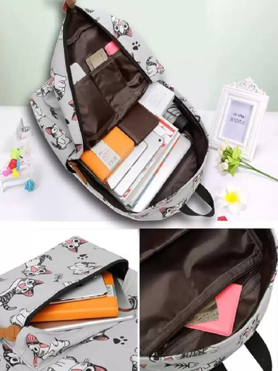 Lychee bags Women Grey Graphic Printed Canvas Backpack