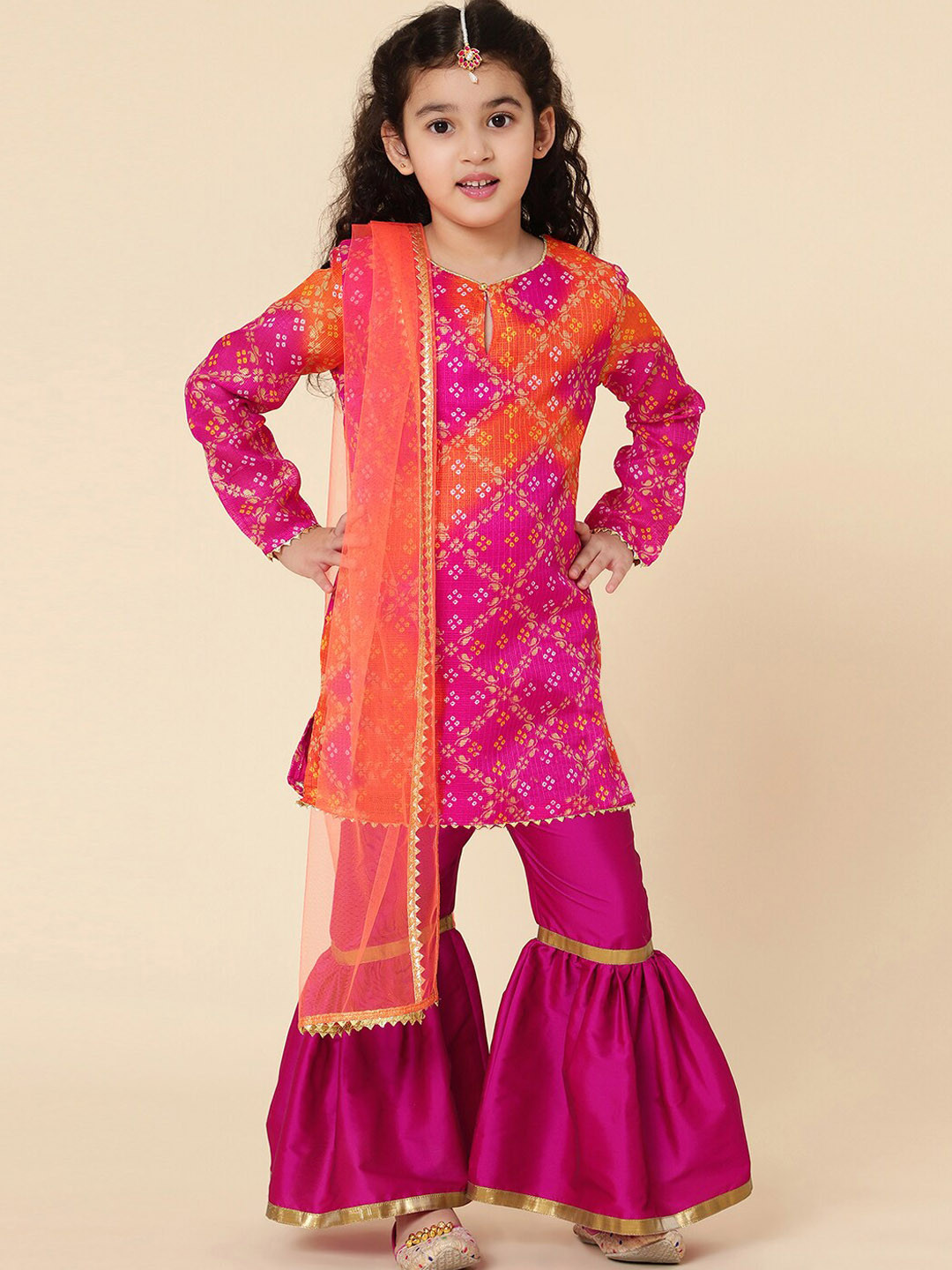 A T U N Girls Fuchsia Bandhani Printed Kurta with Sharara & With Dupatta
