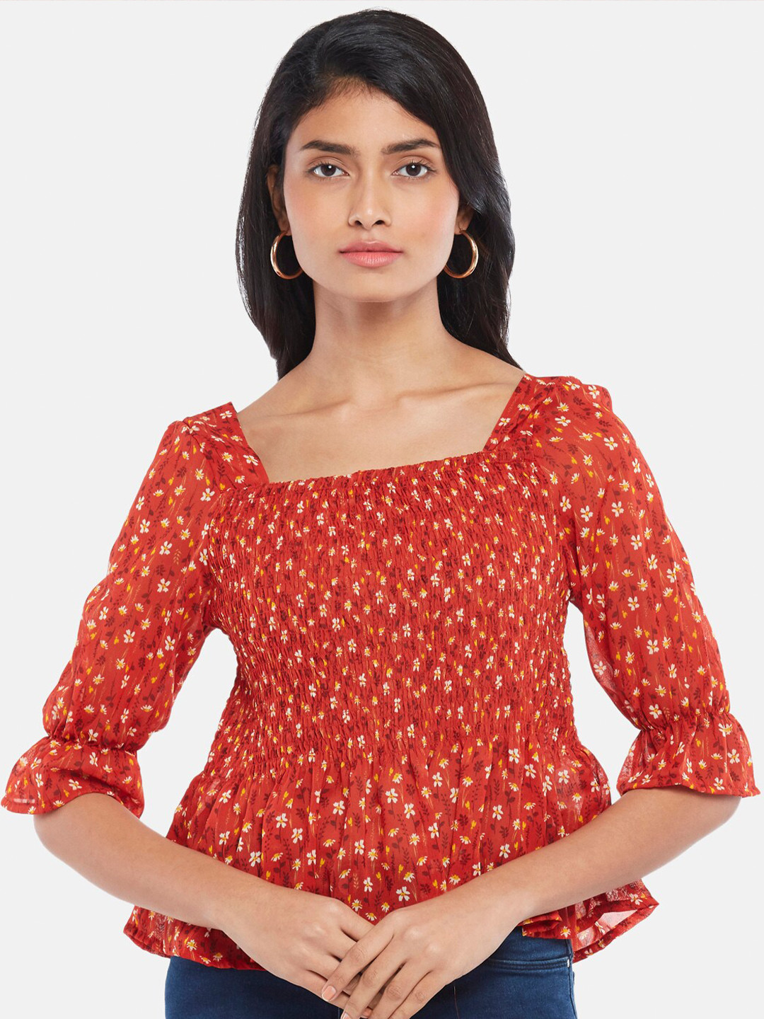 People Rust Floral Print Peplum Top