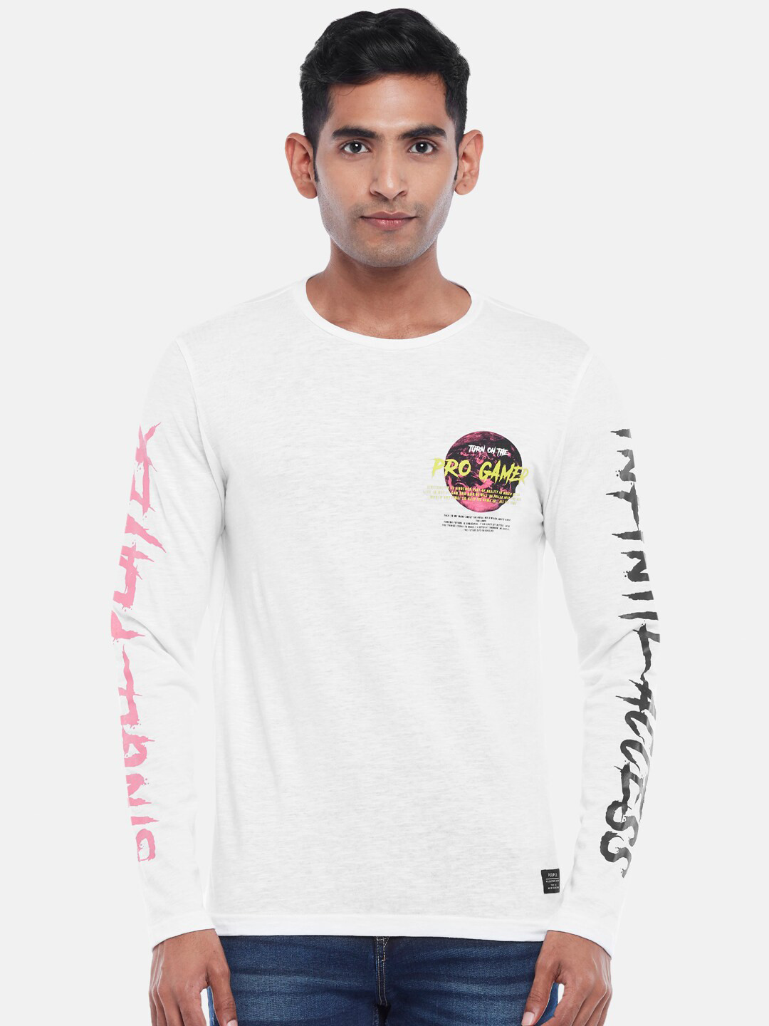 People Men Off White Typography Printed Slim Fit Cotton T-shirt