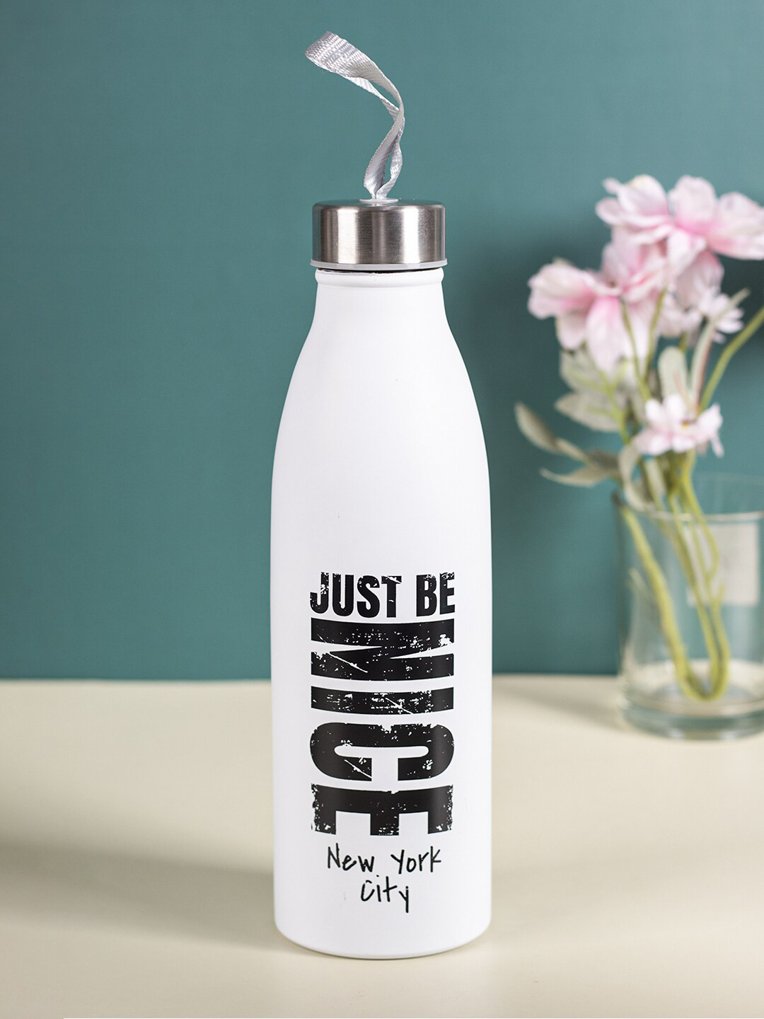 MARKET99 White Typography Stainless Steel Carrying Loop Water Bottle - 750ml