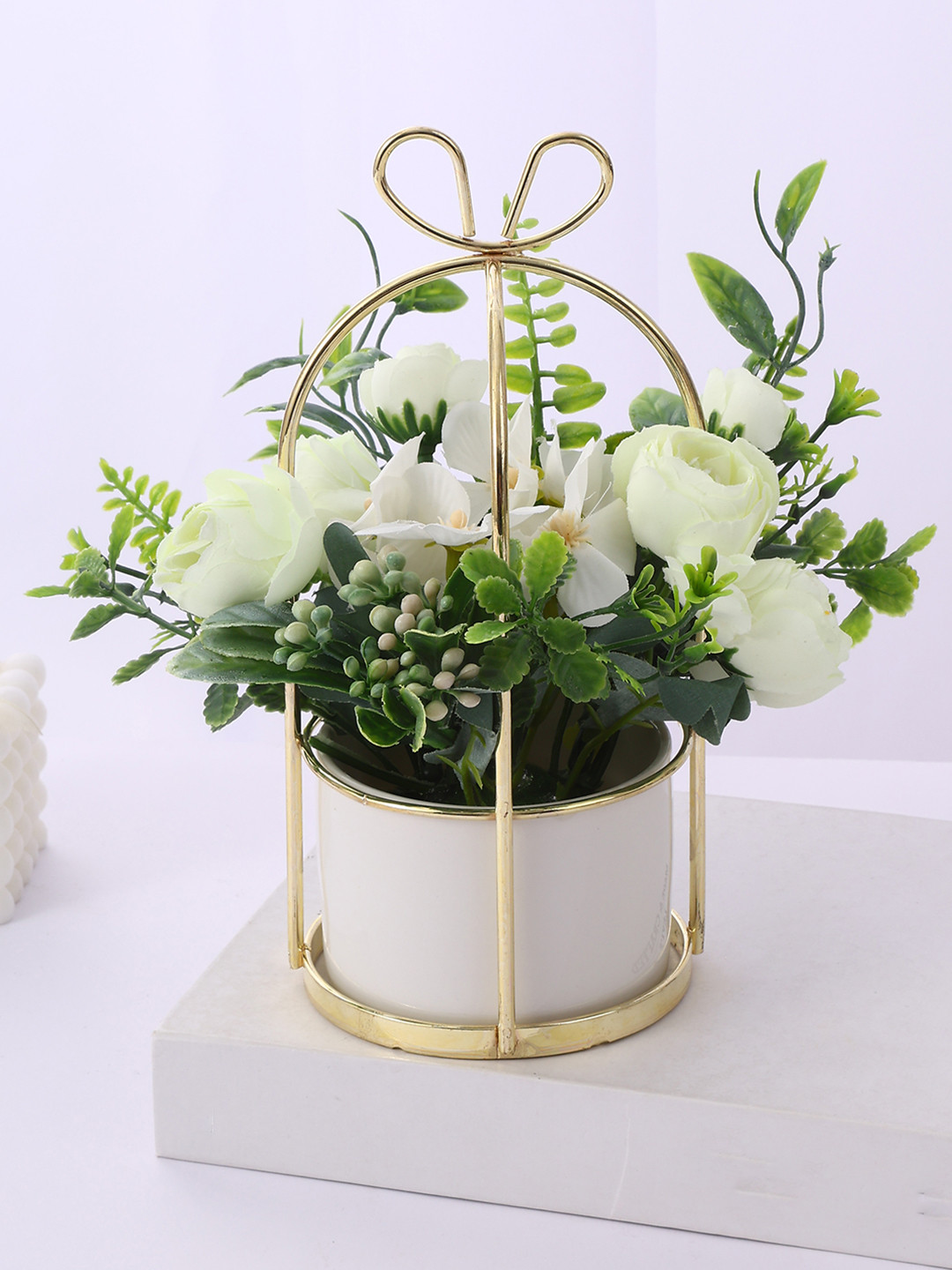 TIED RIBBONS White & Green Artificial Flowers & Plants With Pot