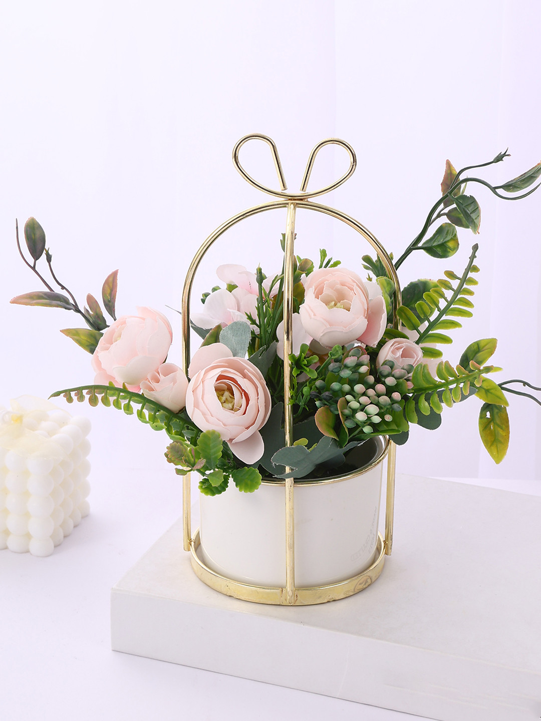 TIED RIBBONS Pink Rose Artificial Flowers and Plants With Stand