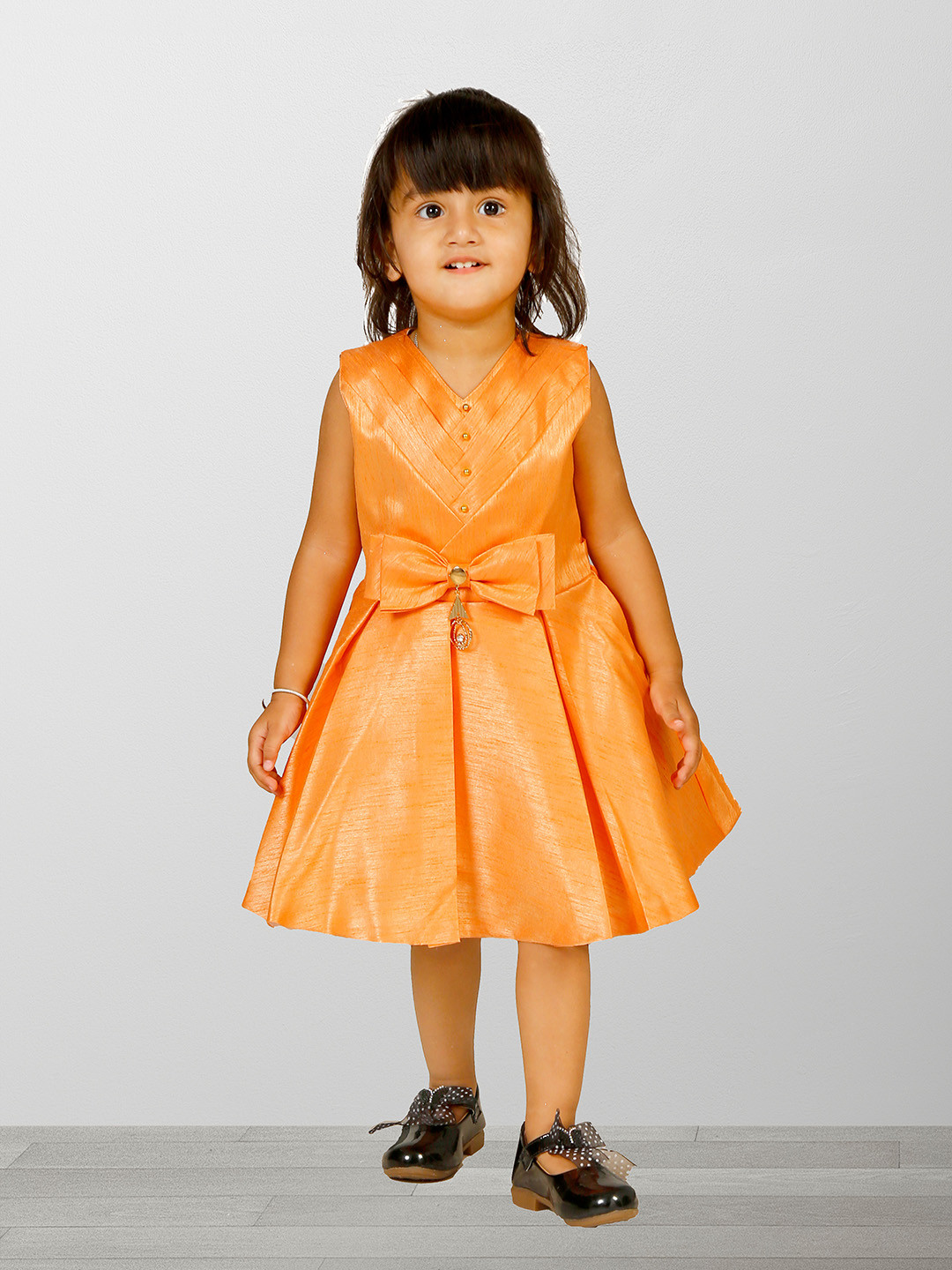 ZOOBA Girls Orange A-Line Flared Bow Dress