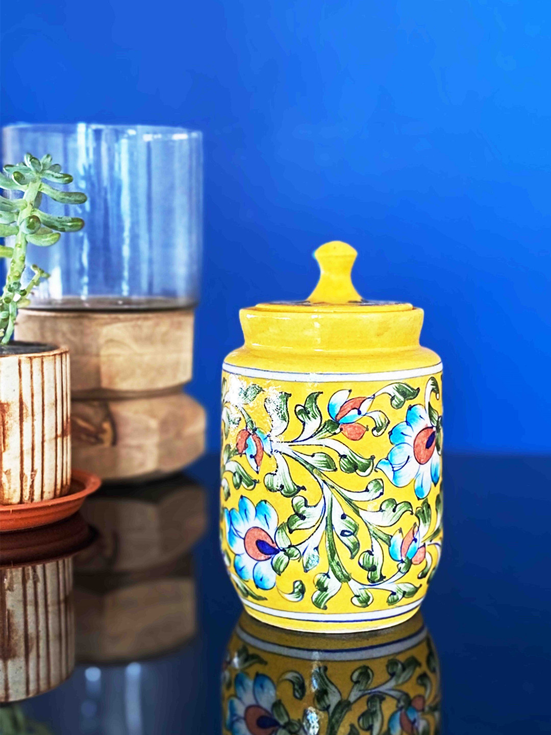Folkstorys Gul Yellow Floral Ceramic Hand-Painted Clip-On Jar