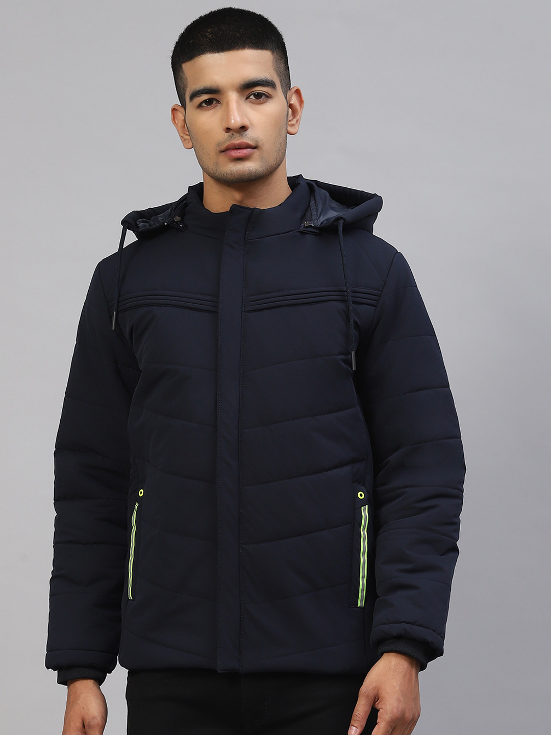 Foreign Culture By Fort Collins Men Navy Blue Solid Padded Jacket With Hood