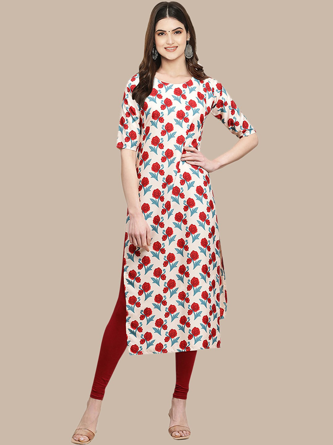 7Threads Women Cream-Coloured & Red Floral Printed Summer Sheers Crepe Kurta