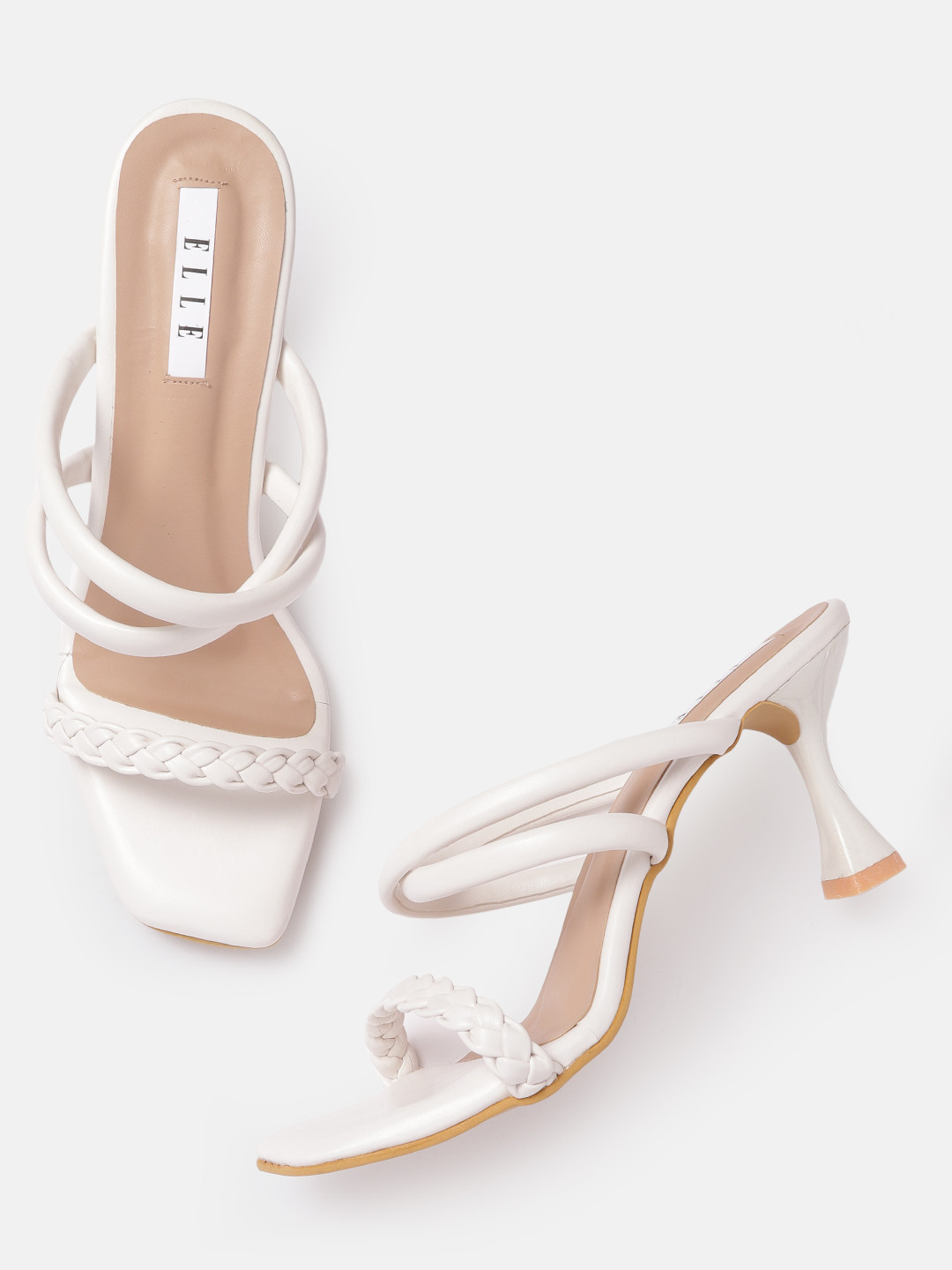 ELLE White Braided Detail Block Heels