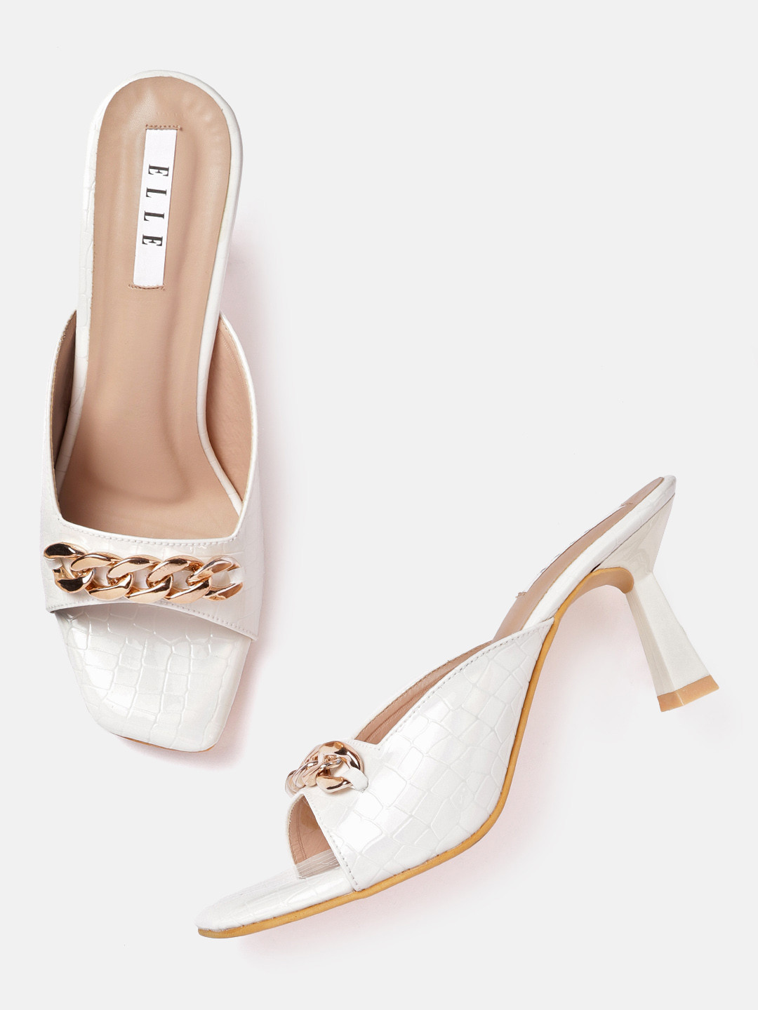 ELLE White Croc Textured Block Heels with Chain Detail
