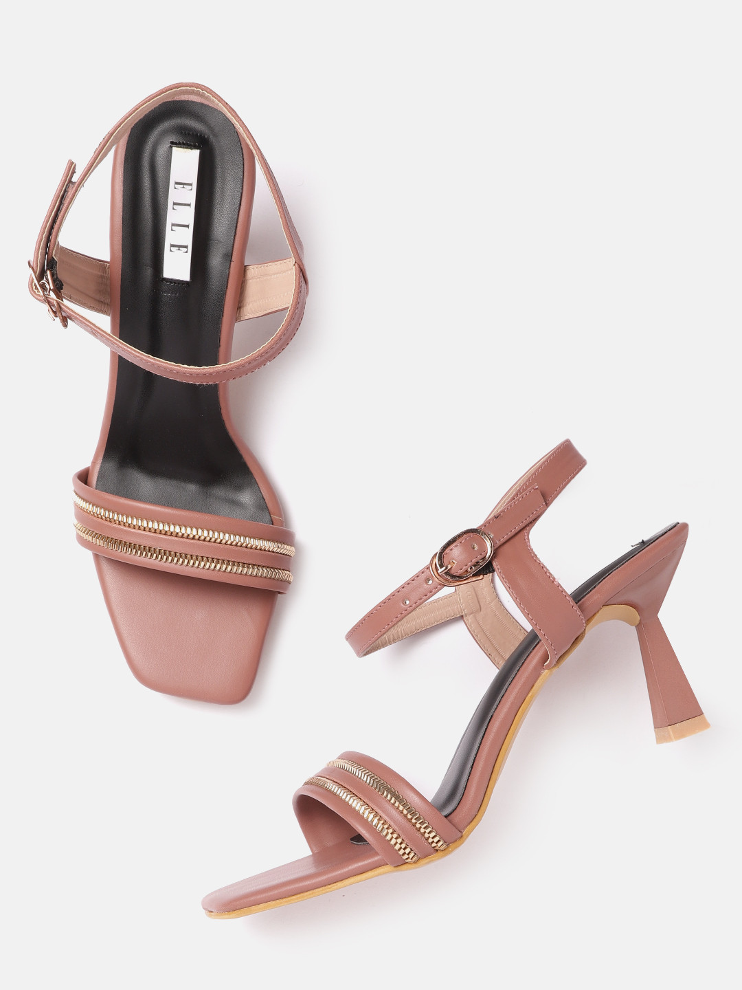 ELLE Peach-Coloured & Gold-Toned Striped Link Embellished Block Heels