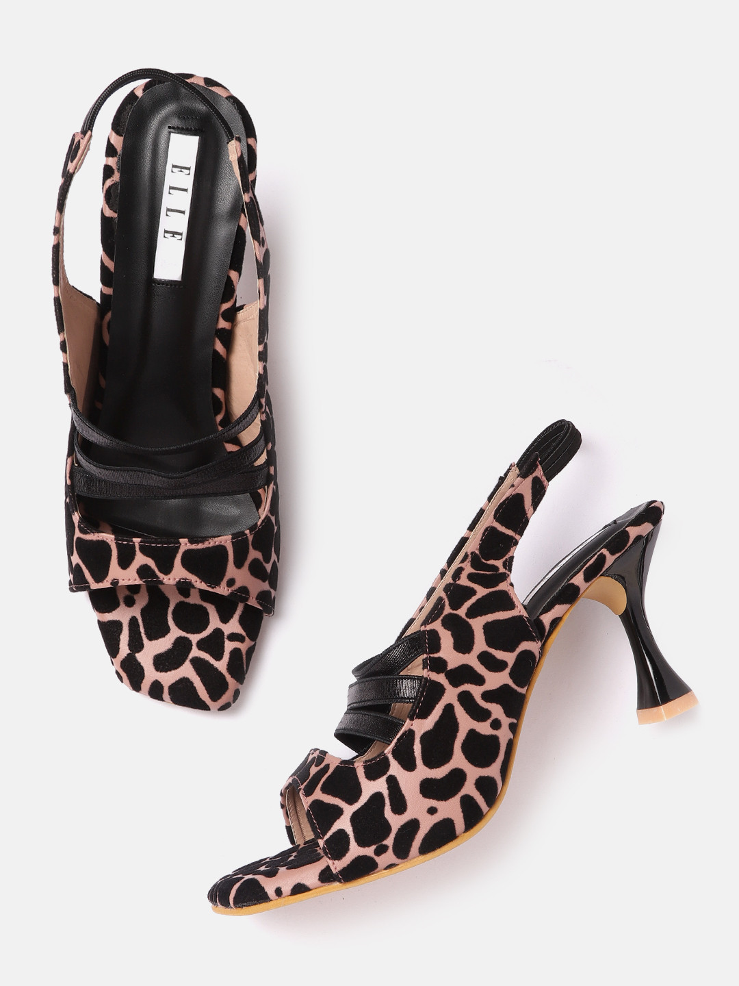 ELLE Peach-Coloured & Coffee Brown Animal Printed Suede Finish Block Peep Toes
