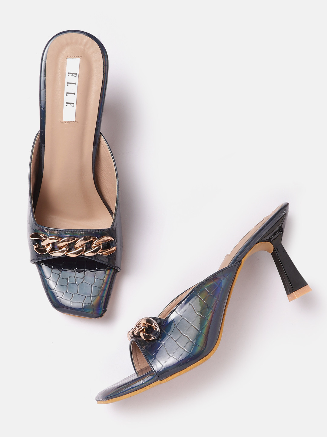 ELLE Blue Croc Textured Iridescent Effect Block Heels with Chain Detail