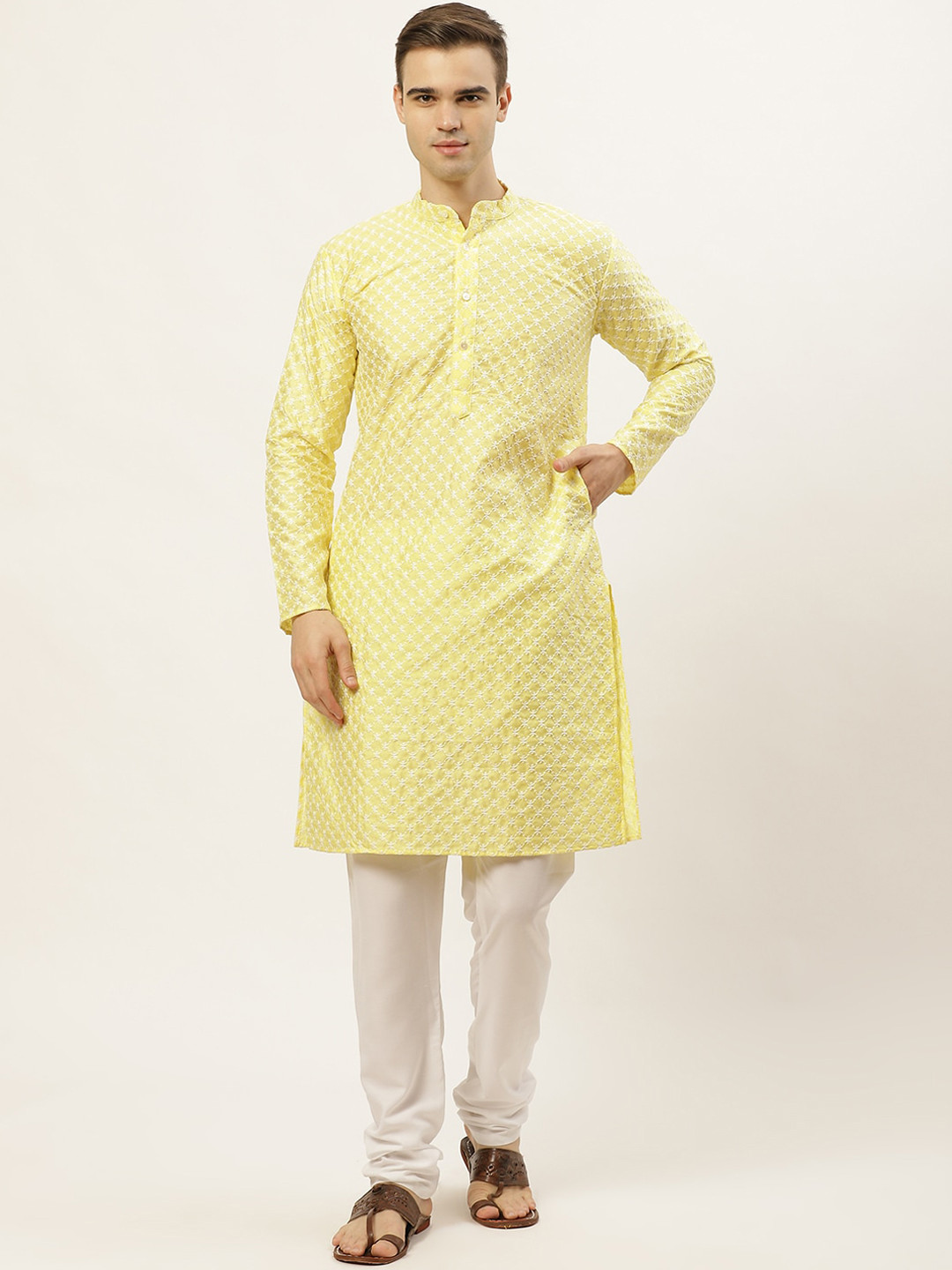 Jompers Men Yellow Chikankari Kurta with Churidar