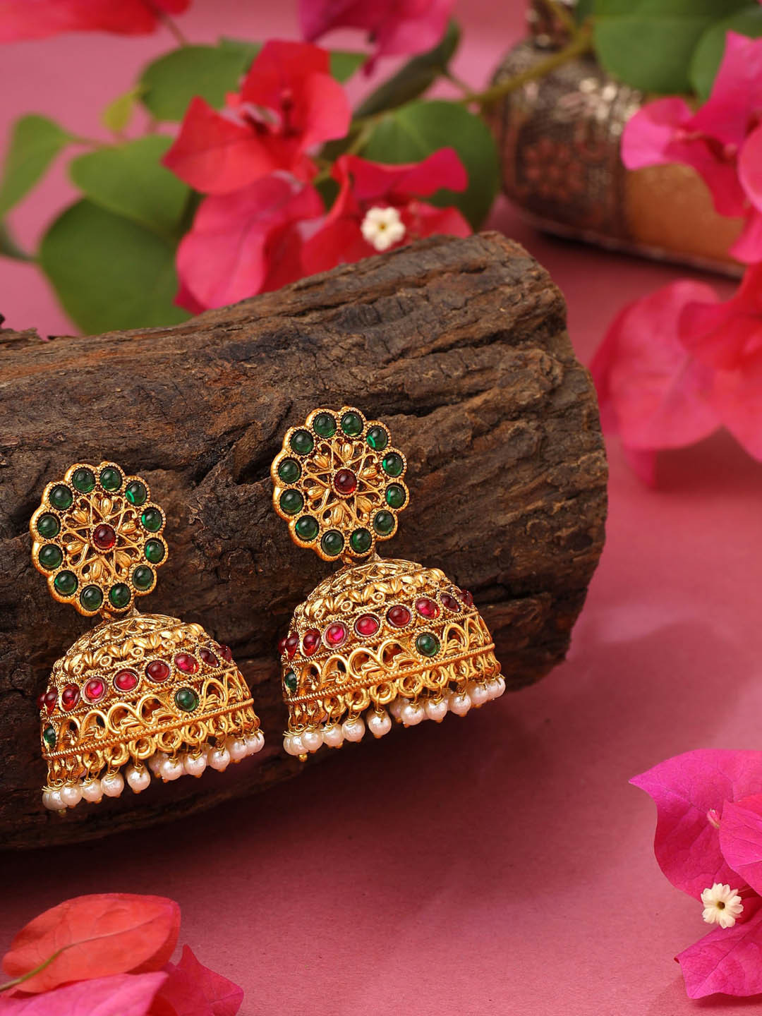 Yellow Chimes Gold Plated Crystal Studded Pearl Traditional Jhumka Earrings