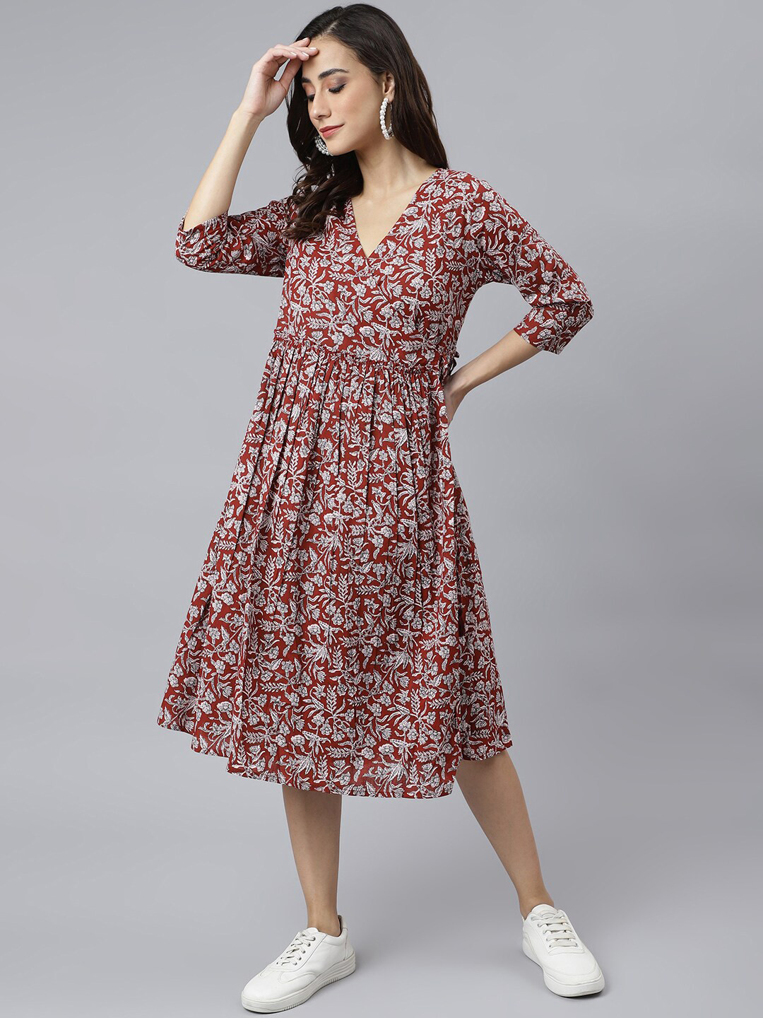 Janasya Women Floral Print Cotton Angrakha Dress