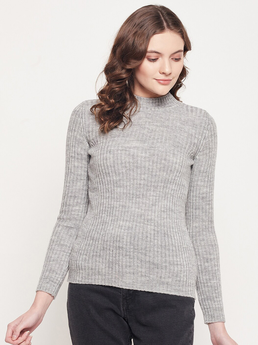 98 Degree North Women Grey Ribbed Acrylic Pullover