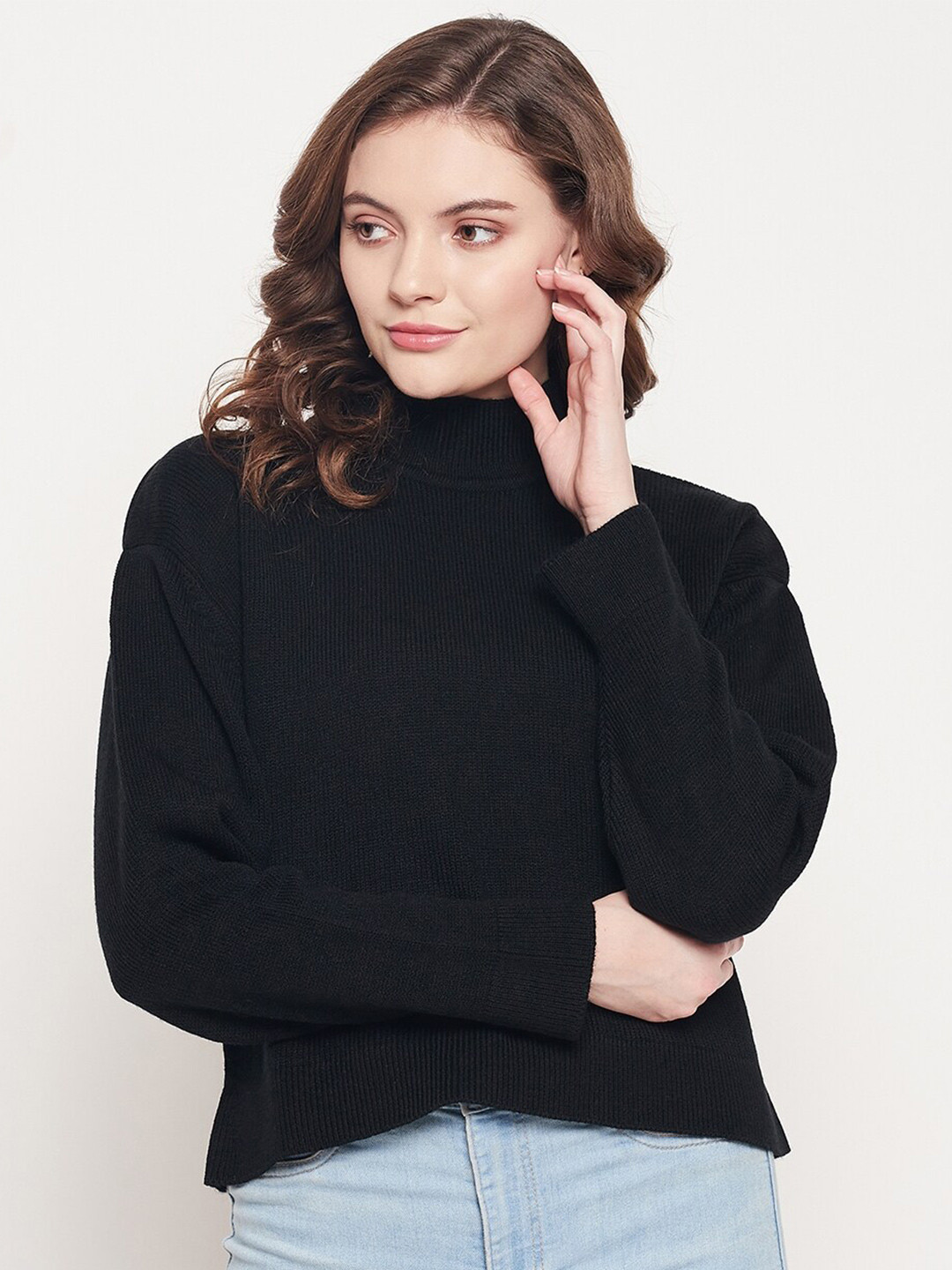 98 Degree North Women Black Solid Acrylic Pullover