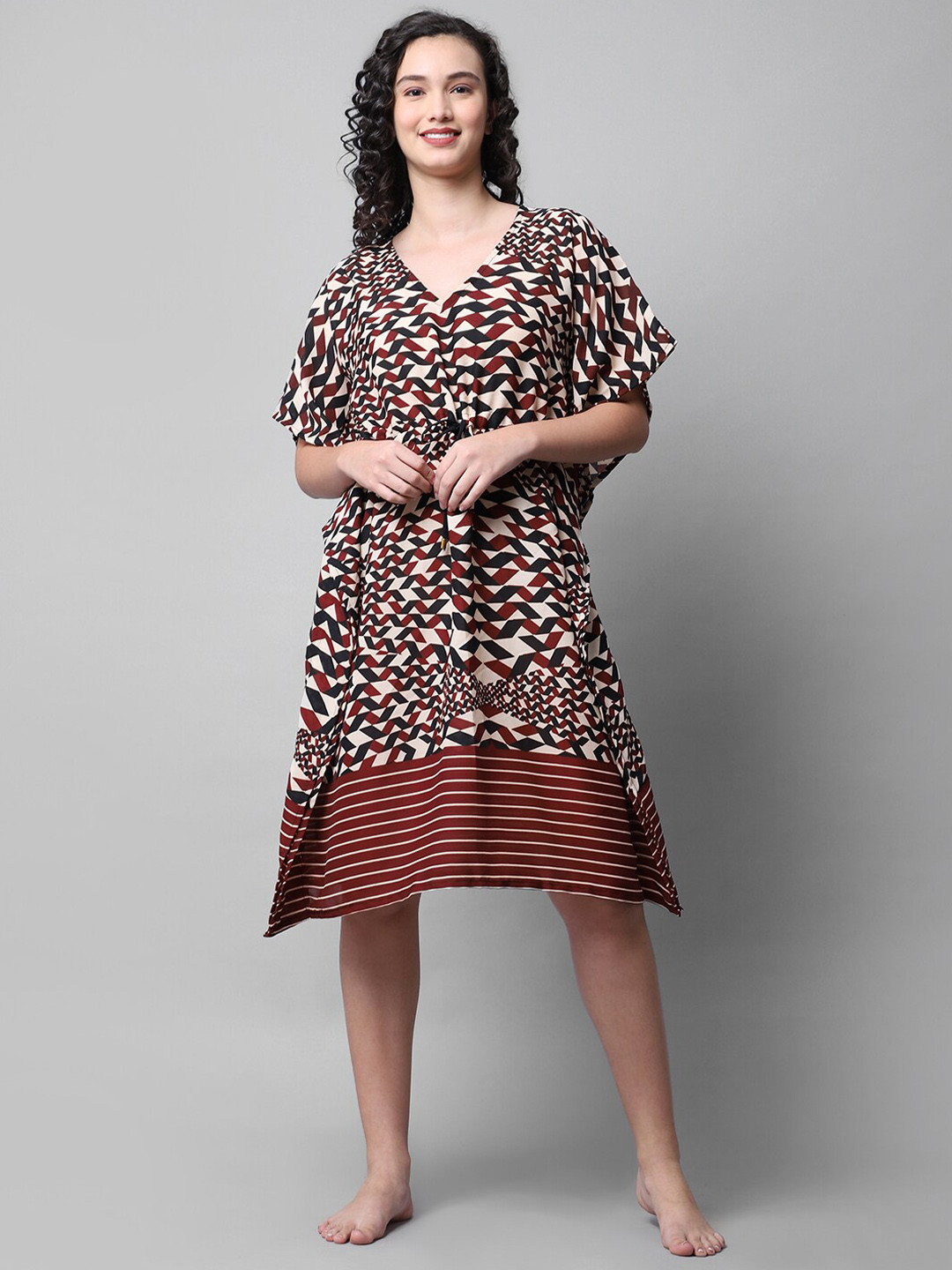 Aoba Women Brown & Black Geometric Printed Polyester Kaftan Top