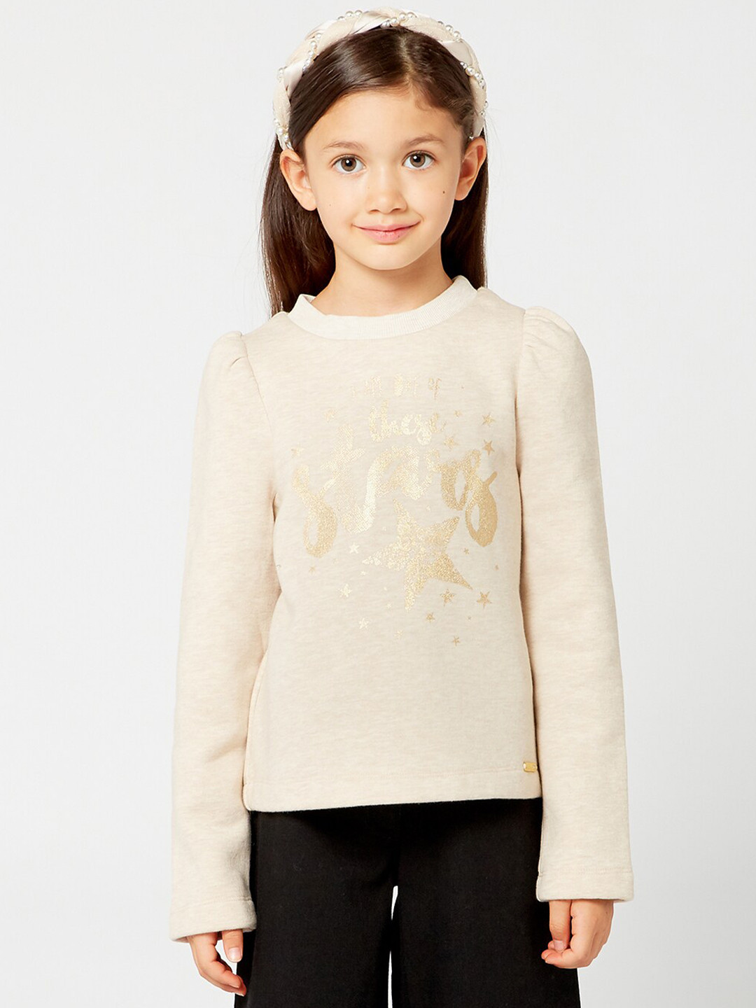 One Friday Girls Beige Solid Sweatshirt